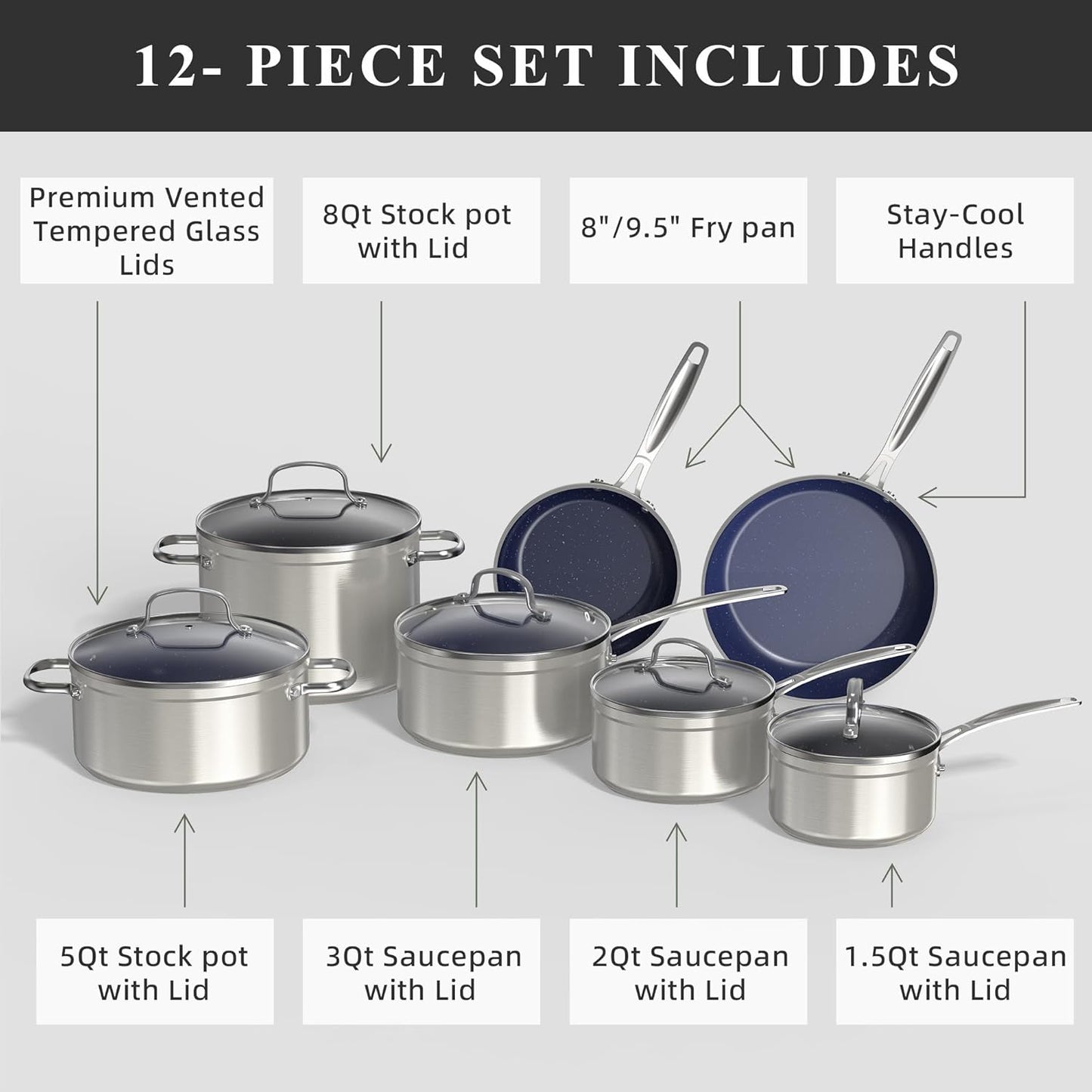 Nuwave Healthy Duralon Blue Ceramic Nonstick Cookware Set, Diamond Infused Scratch-Resistant, PFAS Free, Dishwasher & Oven Safe, Induction Ready & Evenly Heats, Tempered Glass Lids & Stay-Cool Handles