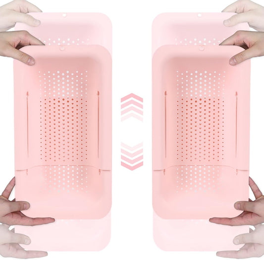 BLUE GINKGO Sink Colander Baskets - (Pack of 2) Wash Vegetables and Fruits, Drain Cooked Pasta and Dry Dishes - Extendable - New Home Kitchen Essentials (2 Pink)