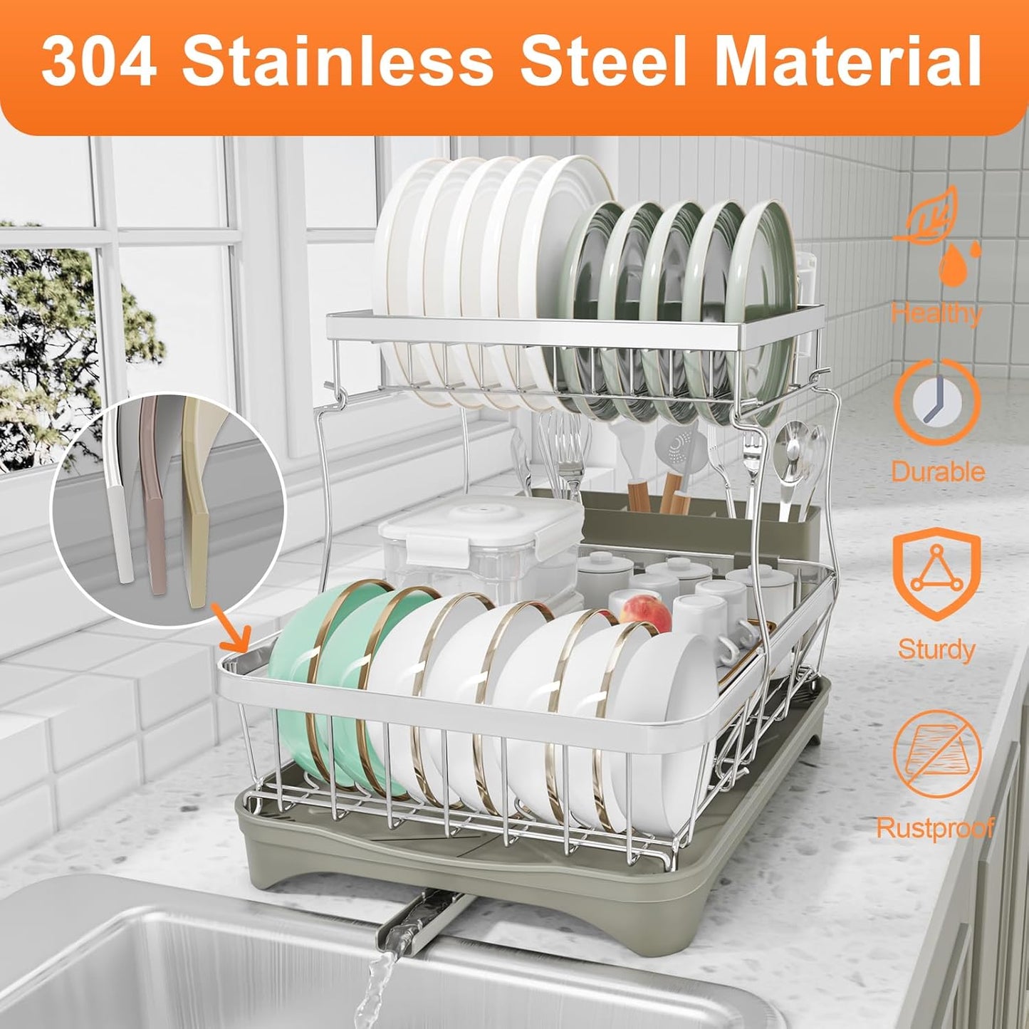 Dish Drying Rack, 2 -Tier 304 Stainless Steel Adjustable Spout Auto-Draining Dish Rack, Space Saving Dish Drainer with Drainboard and Utensil Holder for Kitchen Counter Grey