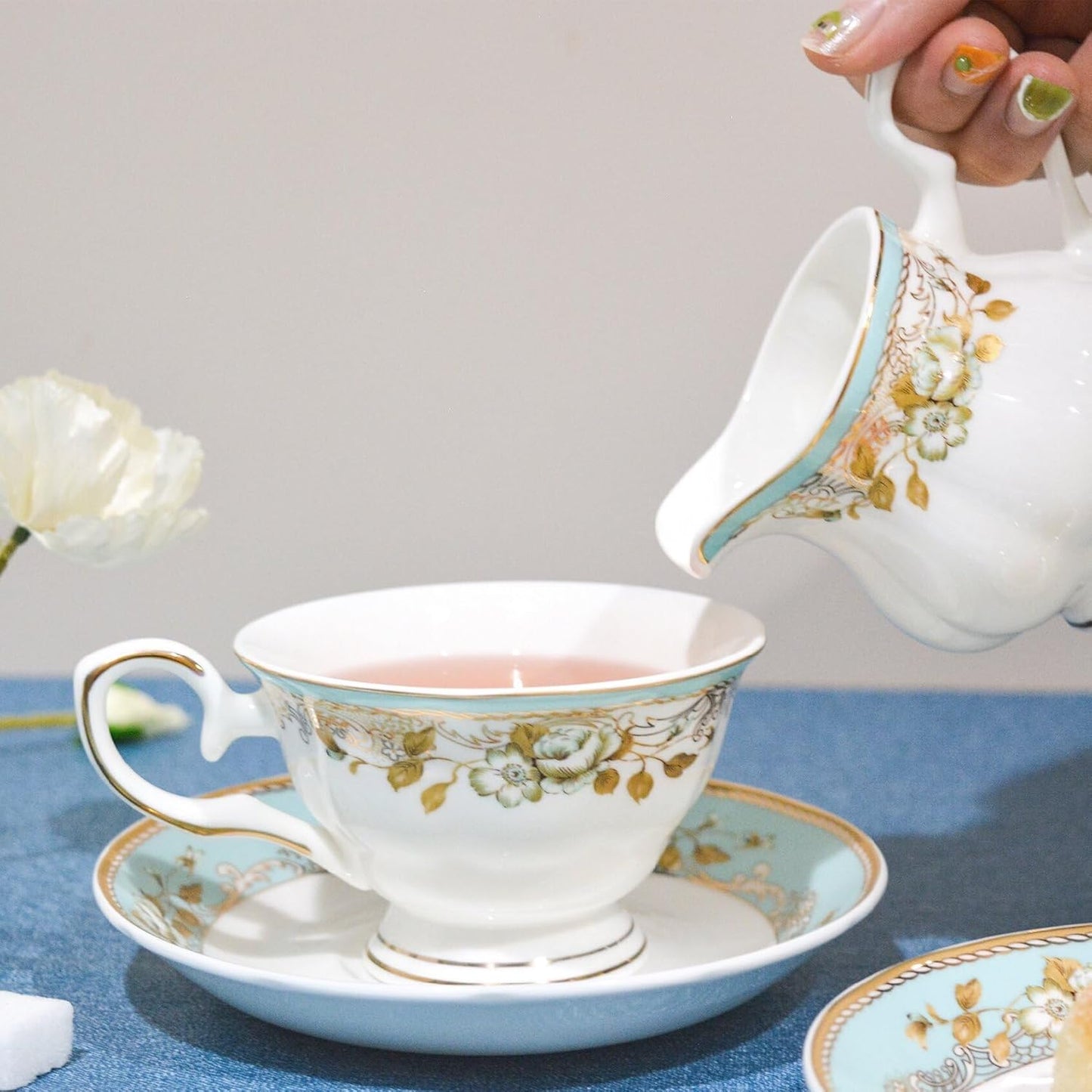 Bone China Tea Set, 21-Pieces Porcelain Tea Set for Adults, Tea Cups And Saucers for 6, with Teapot, Spoons, Sugar Bowl, Creamer Pitcher, Vintage Tea Set for Women Tea Party (Green)