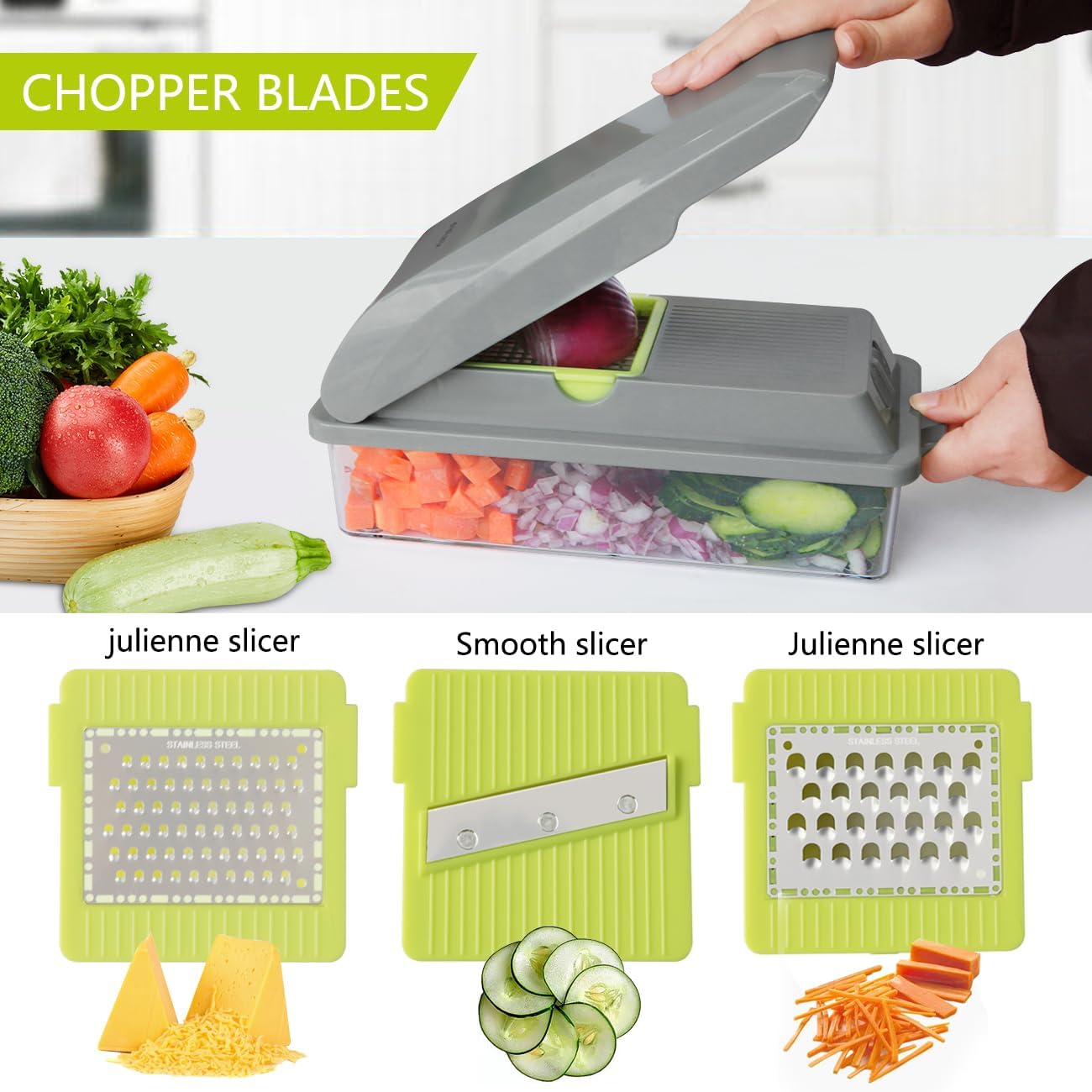 LHS Vegetable Chopper, Multifunctional Food Chopper, Pro Onion Chopper, Vegetable Slicer Dicer Cutter with 5 Blades, Veggie Chopper with Container, 3 in 1 Spiralizer Included(9-in-1,Grey)