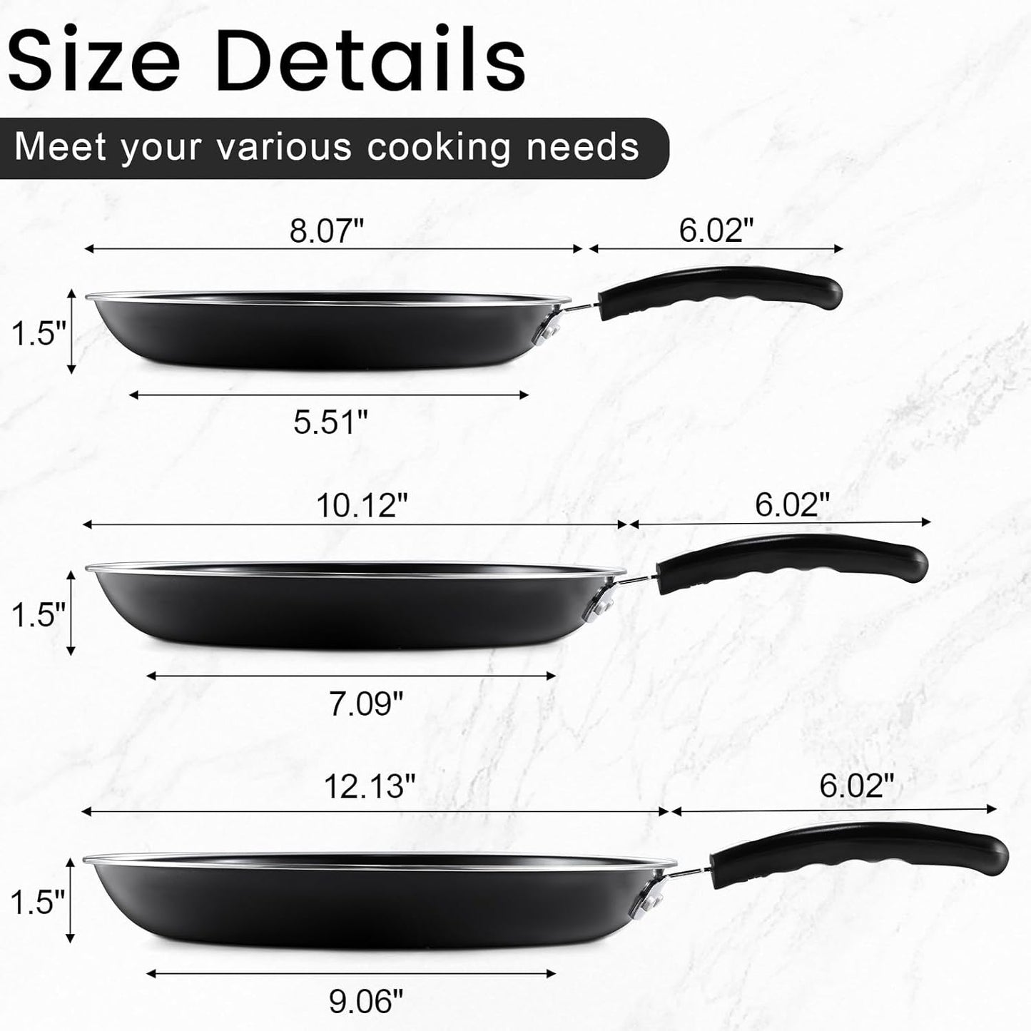 Nonstick Frying Pans Set of 3 - Carbon Steel Frying Pan with PFOA-Free Coating, Stay-Cool Handle, Oven & Dishwasher Safe, Include 2 Spatulas & 7.9, 10.2, 11.8 Inch Skillets for All Stovetops