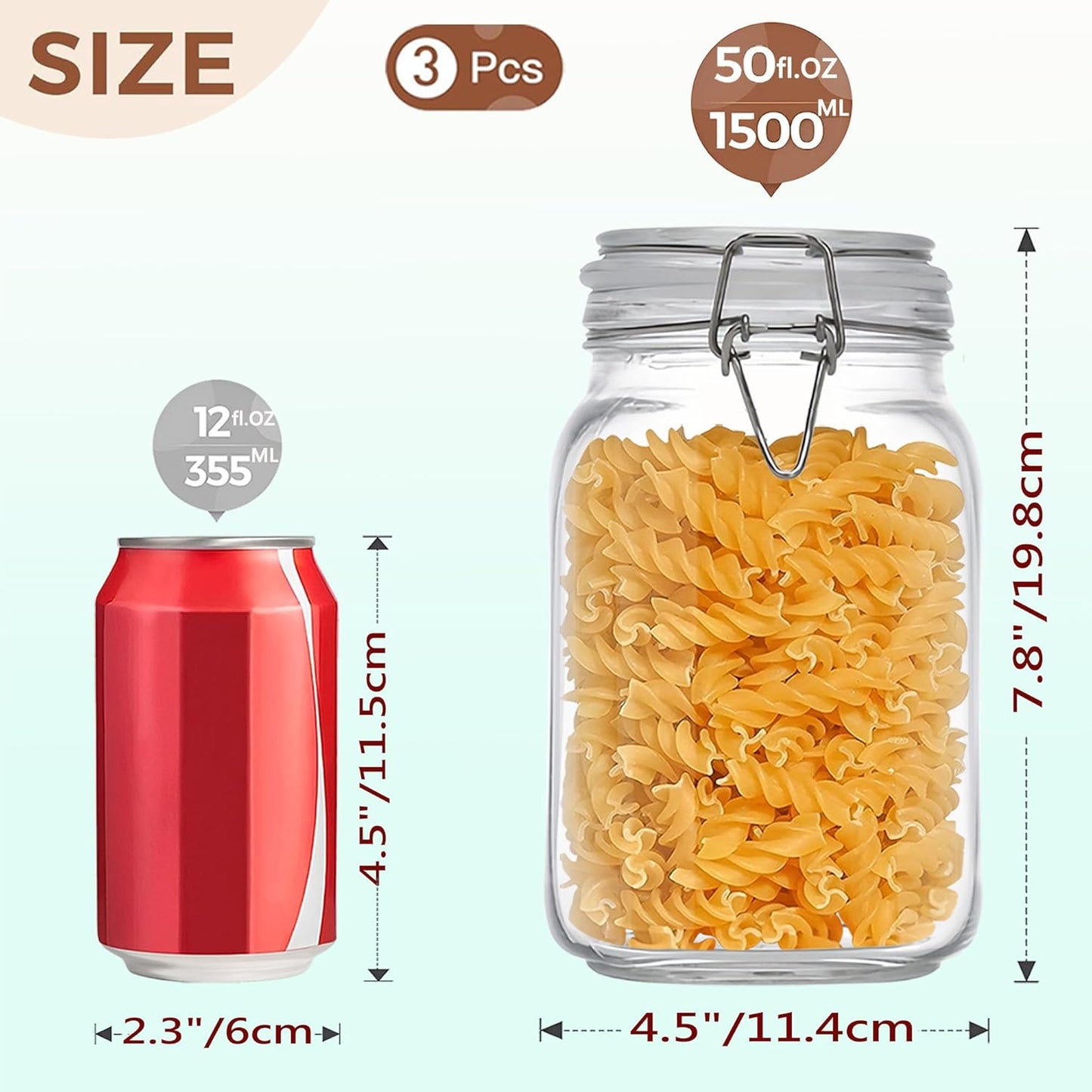 50oz Square Glass Food Storage Jars Storage Container with Clear Preserving Seal Wire Clip Fastening for Kitchen Canning Flour, Cereal, Pasta, Sugar, Beans