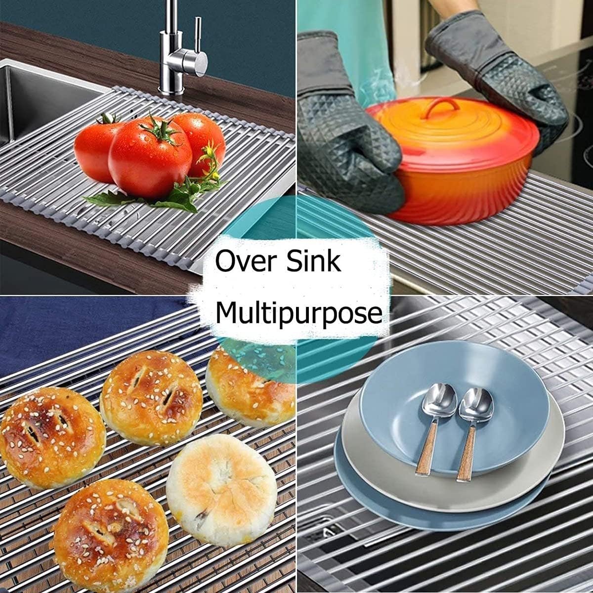 Ahyuan Roll up Dish Drying Rack Over The Sink Kitchen Roll up Sink Drying Rack Portable Dish Drainer Foldable Dish Drying Rack (Warm Gray, 20.5''X16.9'')