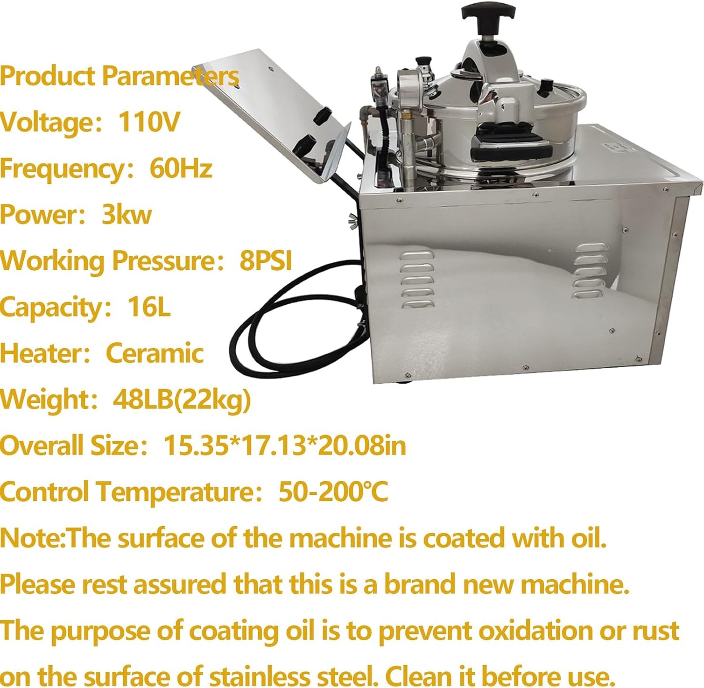 16L High Pressure Fried Chicken Stove Commercial Chicken Deep Fryer Electric Countertop Pressure Fryer with a Fitted Timer 110V 3KW