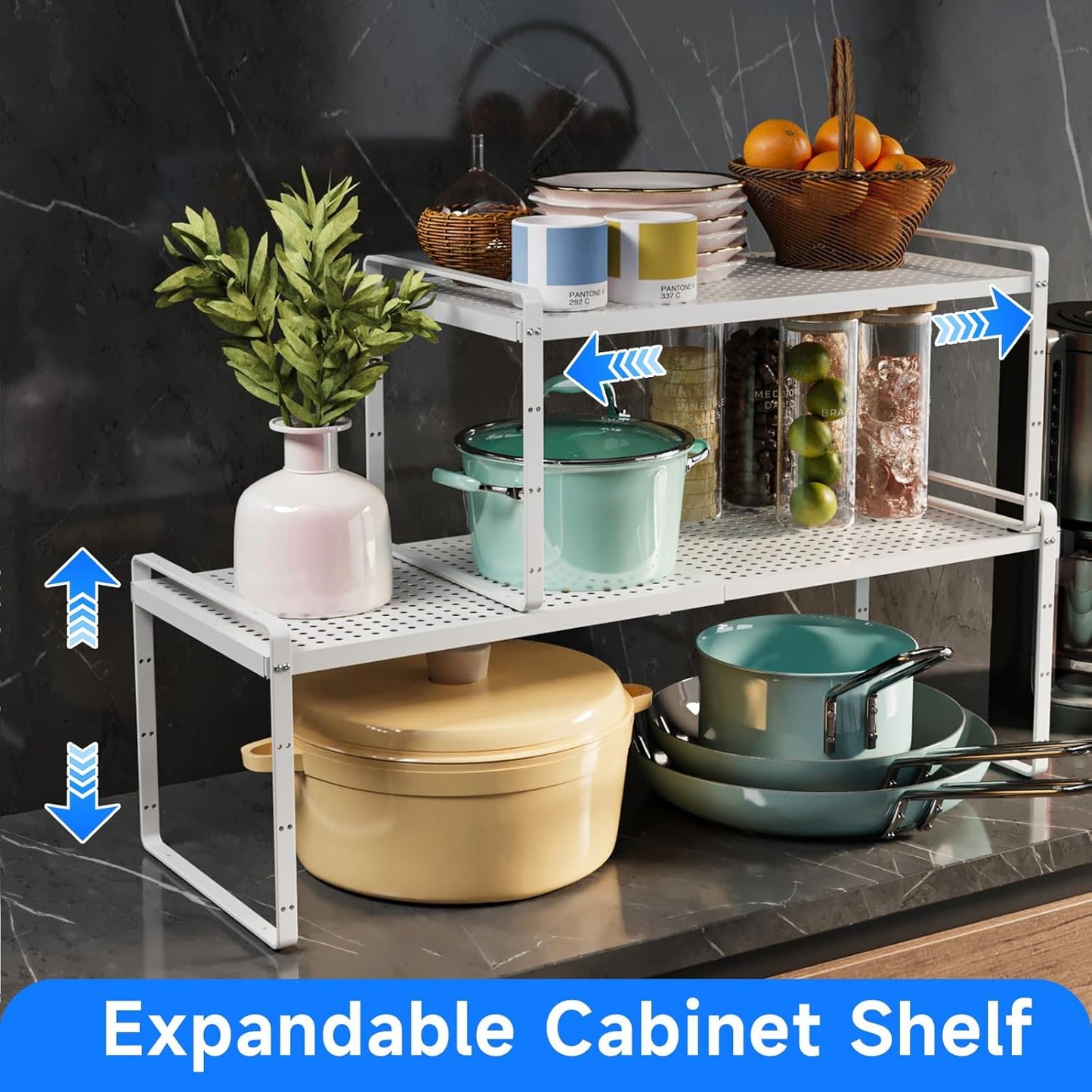 Expandable Kitchen Shelf Organizers, Kitchen Cabinet Organizer Stand Rack Organization for Countertop Cupborad Pantry, White 2 Pack