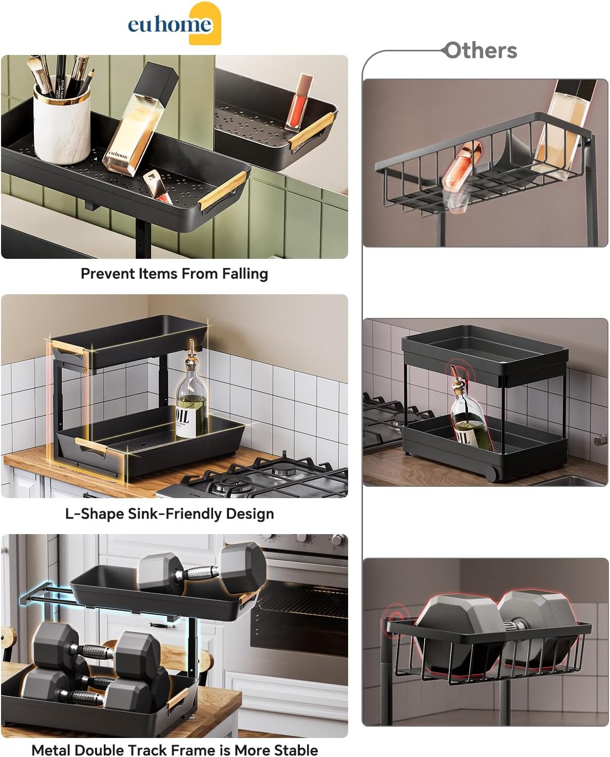 Under Sink Organizer, 2 Tier Adjustable Height Under Sink Organizers and Storage, L-Shaped Slide Out Pull Out Cabinet Organizers for Bathroom Kitchen Pantry(1 Pack, Black)
