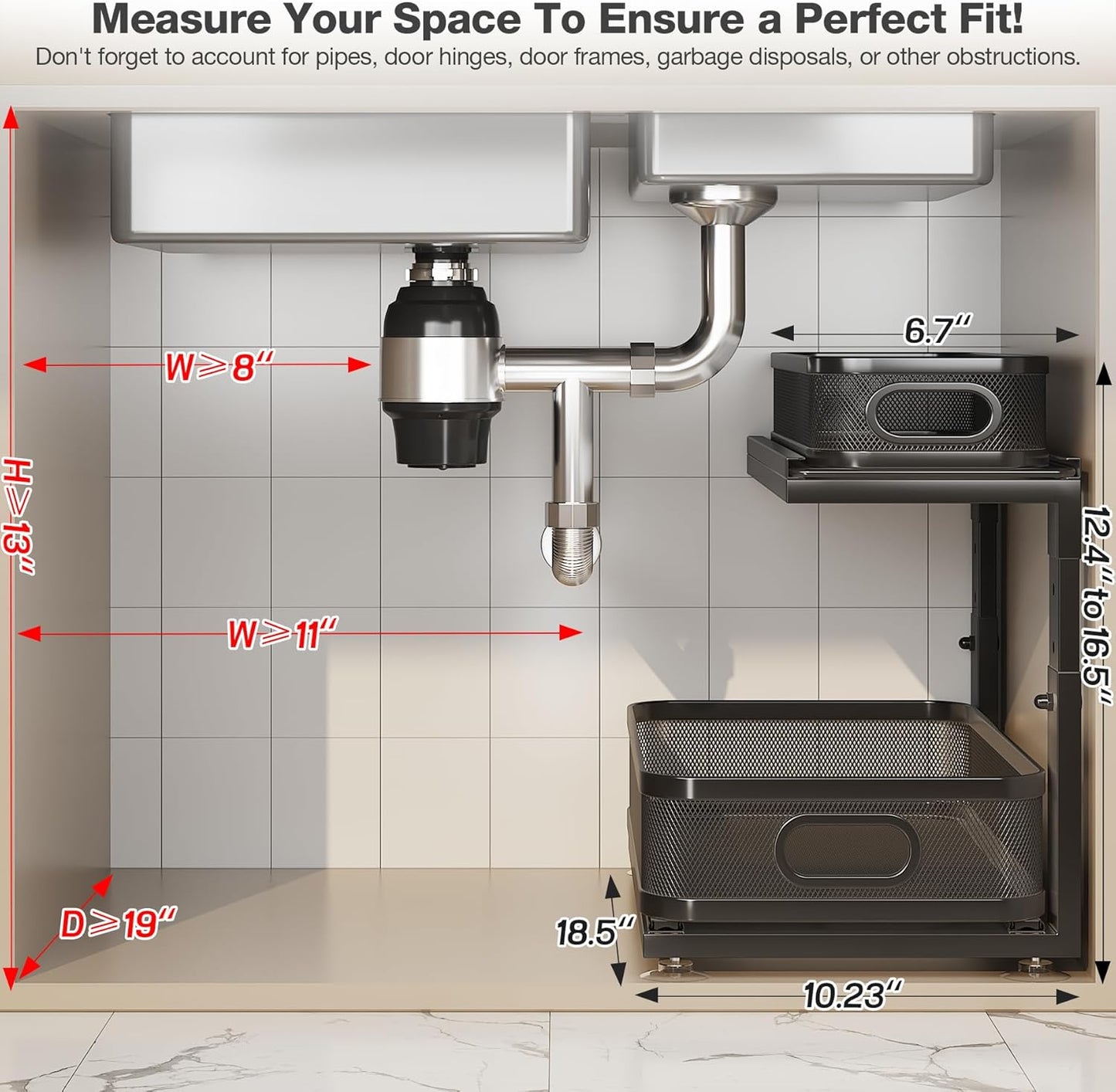 2 Pack 18.5IN-Depth Under Sink Organizer With Next-Gen Ball-Bearing Slides,2-Tier Precision Mesh Pull Out Cabinet Storage for Bathroom&Kitchen,Height Adjustable Drawers Shelf,Anti-rust-Black