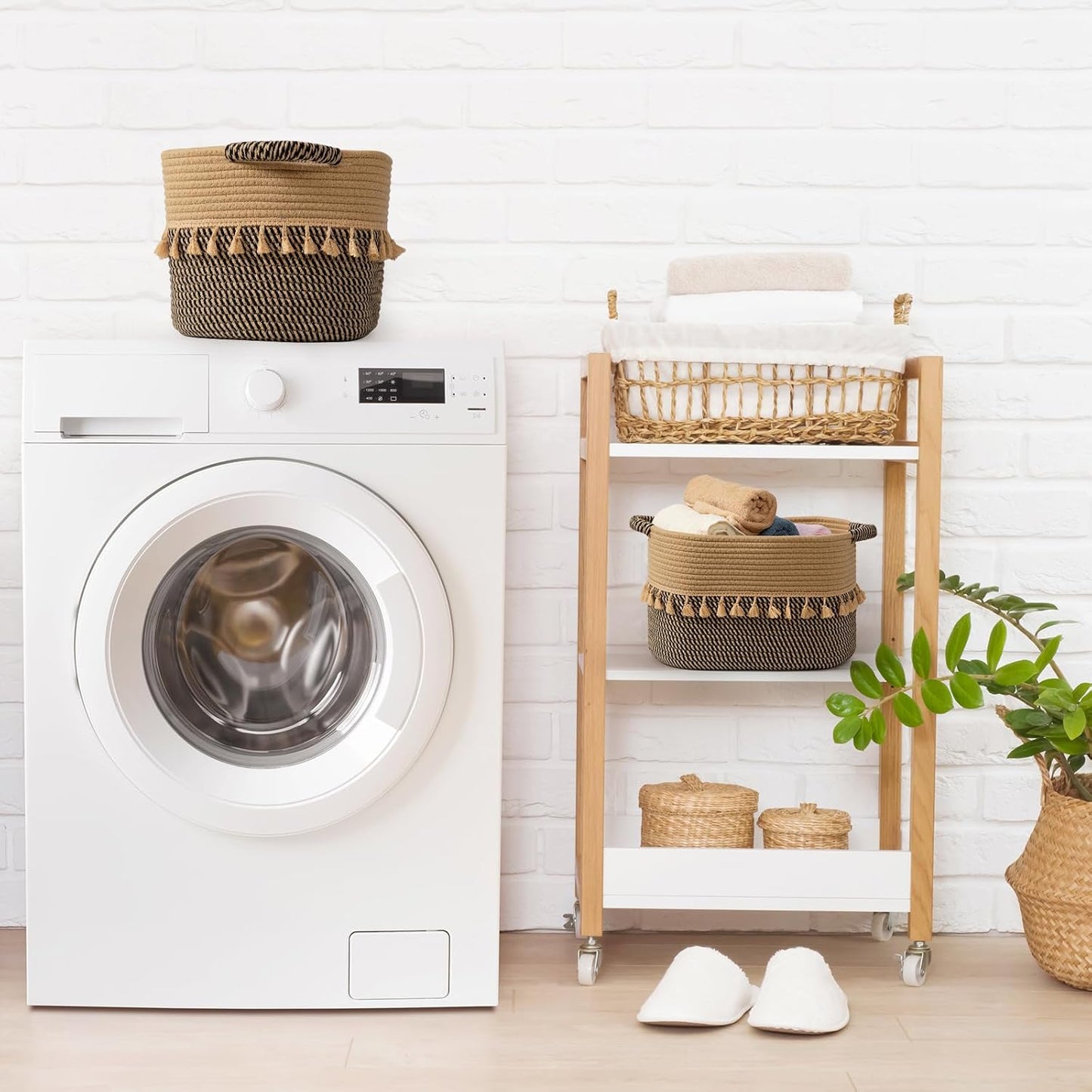 TeoKJ Set of 3 Baskets for Organizing, Decorative Rope Baskets for Storage, Storage for Pets, books, Pillows, Toys & Cloths, Black & Jute