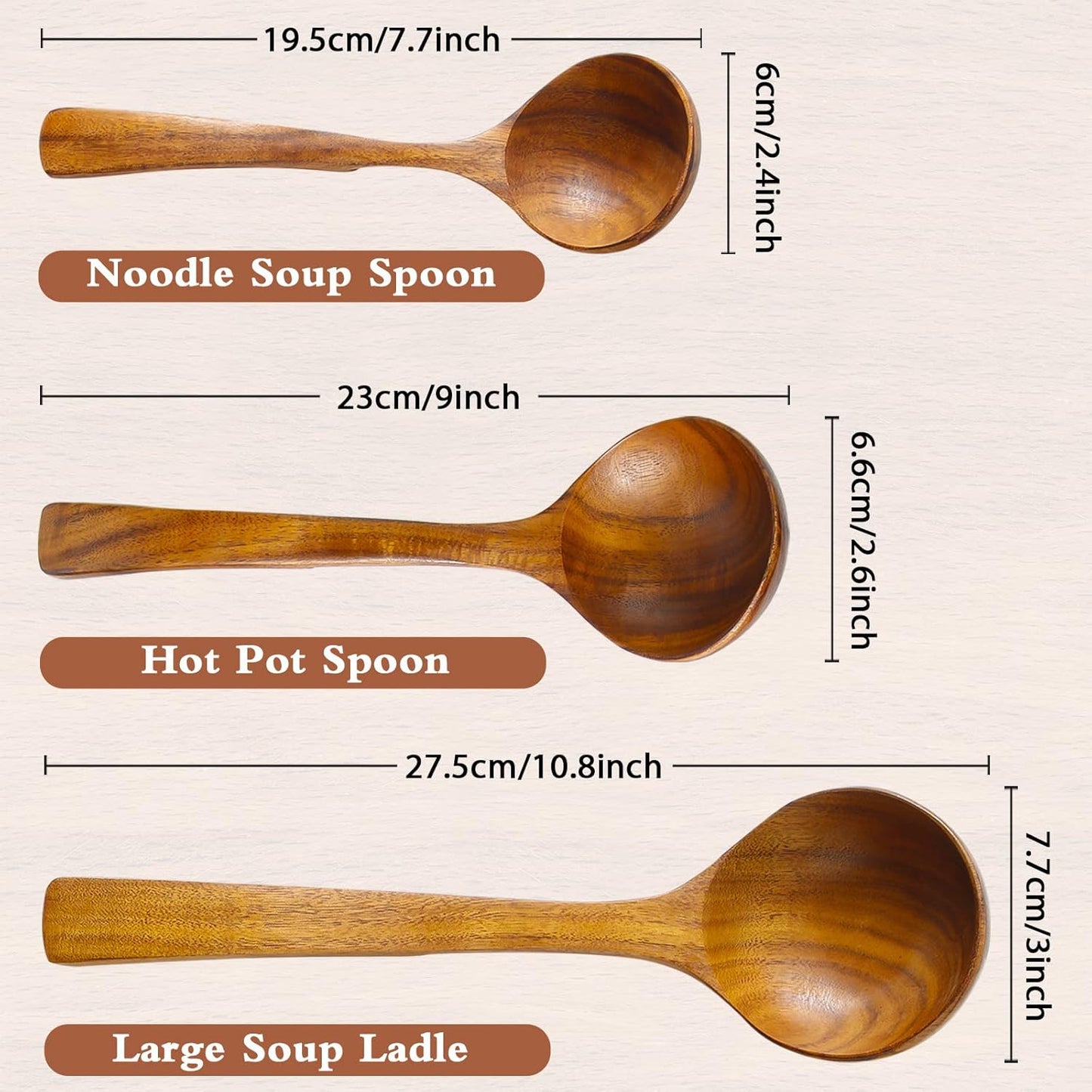 Wooden Ladles Soup Set, 3 Size Wooden Spoons For Cooking, Non-Stick Wooden Spoon, Natural Teak Wood Cooking Spoons, Kitchen Utensils set