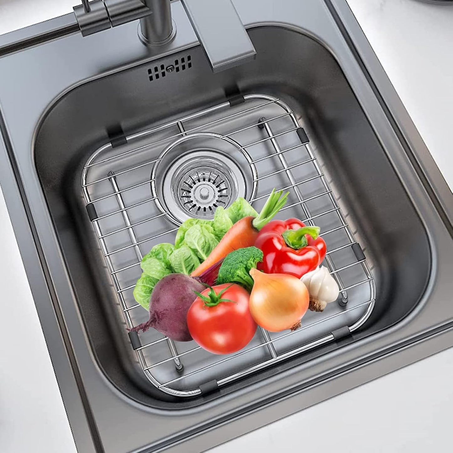 Orgneas Sink Protectors for Kitchen Sink, Universal Double Bowl Sink Bottom Grid 13.2"x11.6"x1.25", 304 Premium Stainless Steel Kitchen Sink Protector Grid Sink Grate Rack Rear Drain 2 Packs