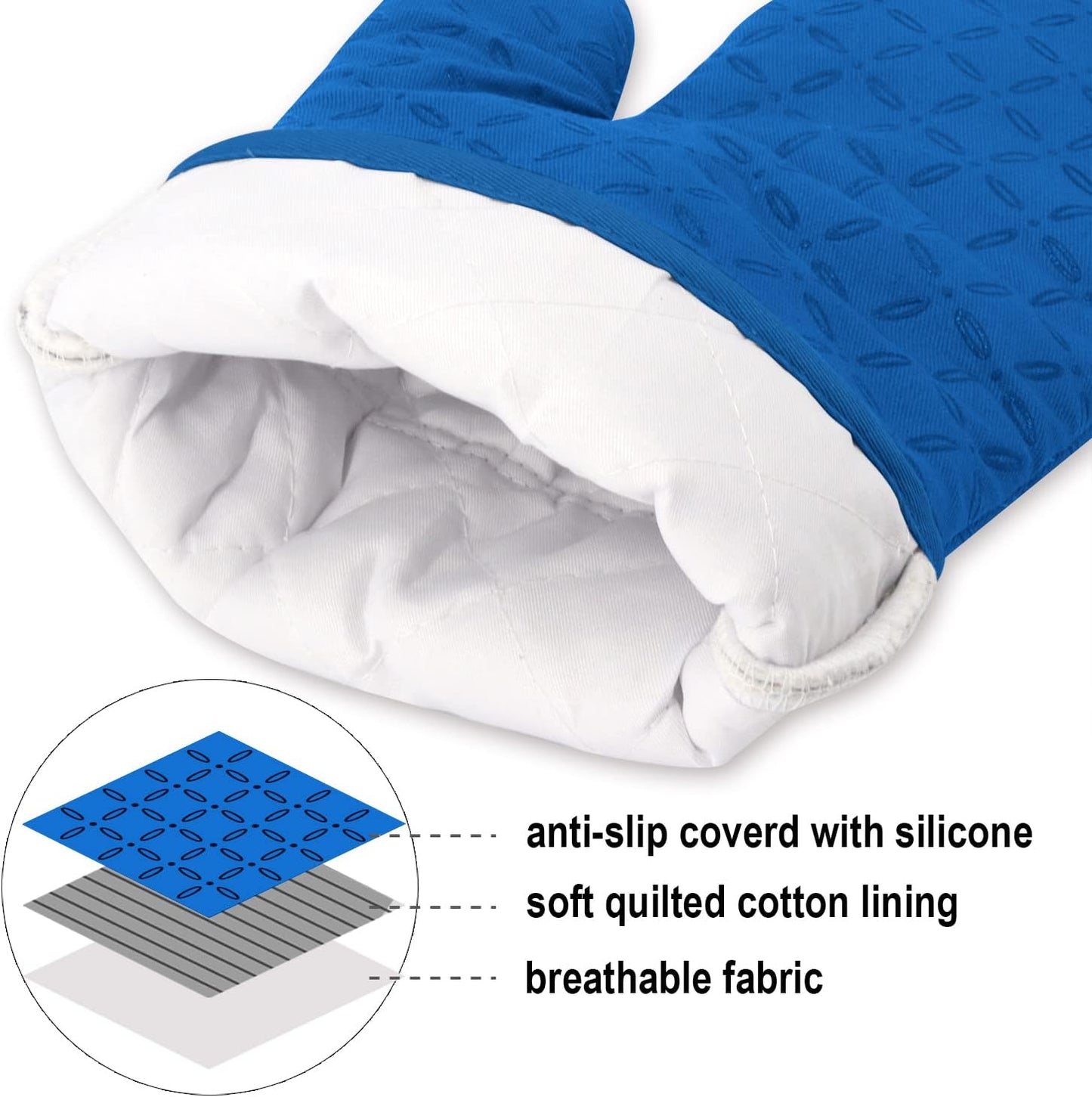 KEGOUU Oven Mitts and Pot Holders 6pcs Set, Kitchen Oven Glove High Heat Resistant 500 Degree Extra Long Oven Mitts and Potholder with Non-Slip Silicone Surface for Cooking (Royal Blue)