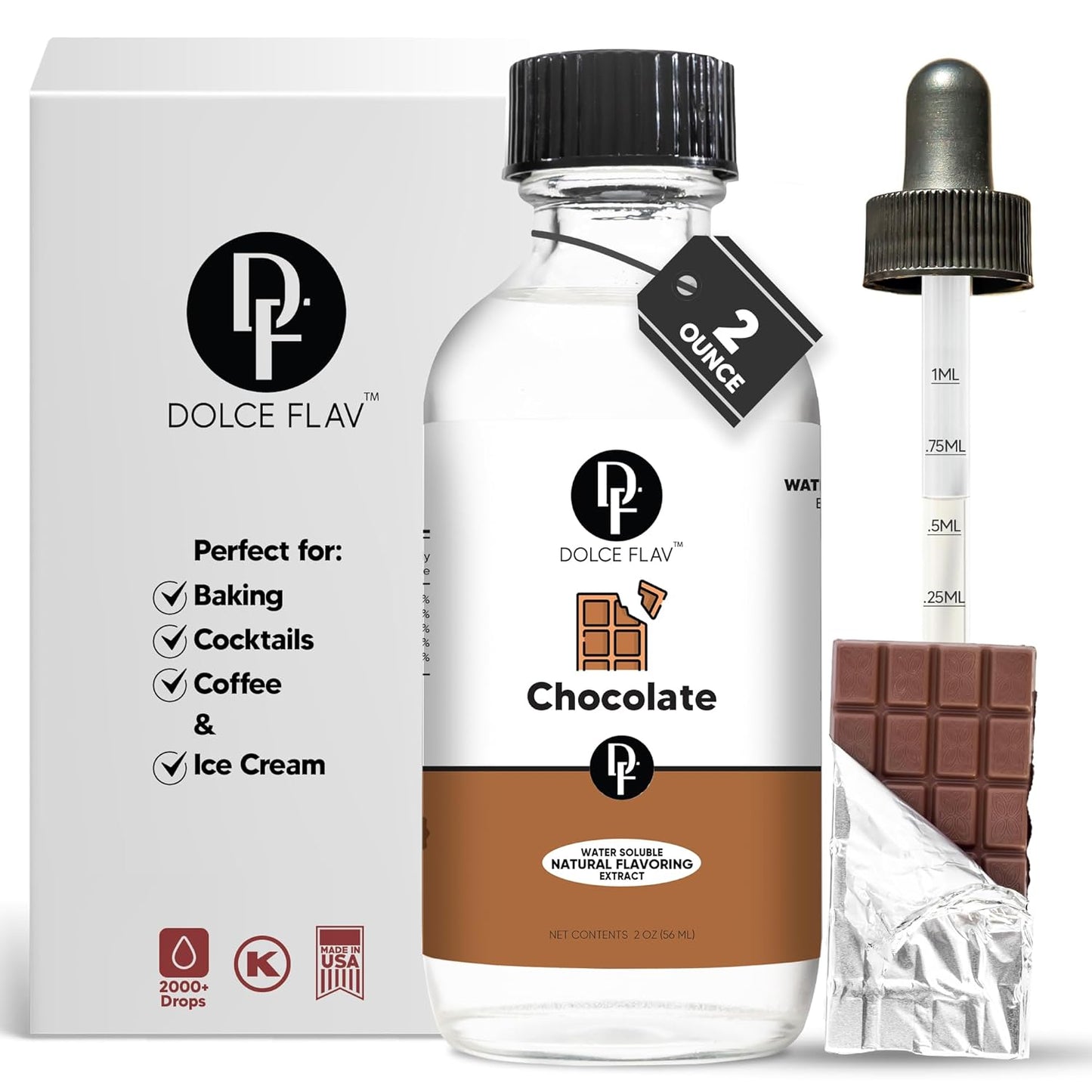 Dolce Flav Natural Chocolate Extract – Sugar-Free & Kosher – Pure Cocoa Flavor for Baking, Coffee, Ice Cream, Smoothies & Desserts – Highly Concentrated – 2 oz