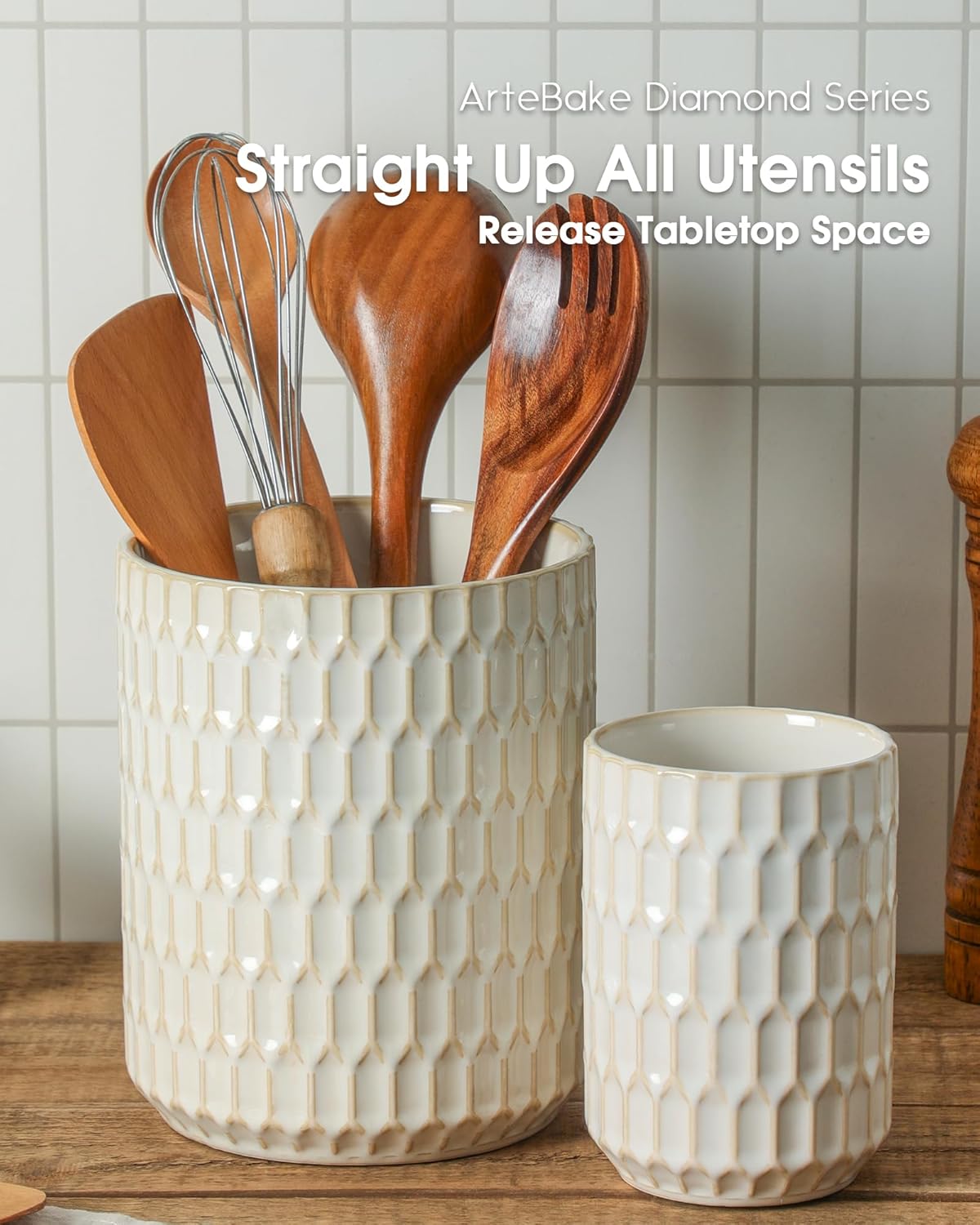 Utensil Holder, 7.3"+5.4" Ceramic Kitchen Utensil Holder for Countertop, Large Cooking Utensil Crock for Kitchen Counter, Set of 2, Beige