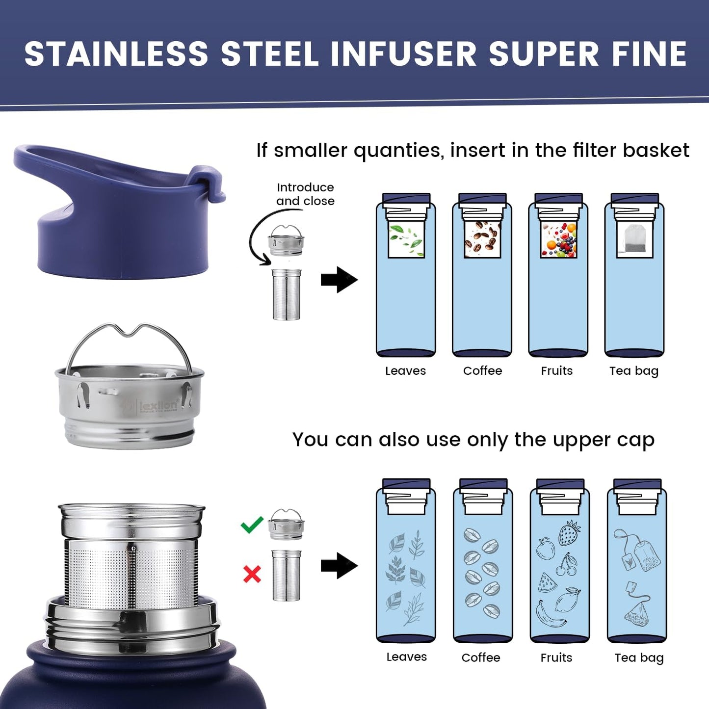 Lexlion Tea Infuser Bottle - Fruit Infuser Water Bottle 32 Oz, Triple Walled Insulated Stainless Steel Bottle, Thermal Leaf Infuser, Silicone Sleeve, 3 Lids Leakproof, Metal Mug Gallon