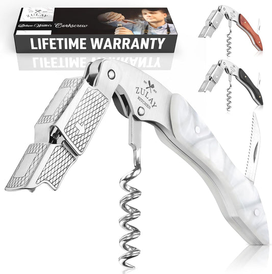 Zulay Kitchen Corkscrew Wine Opener - Premium 420 Stainless Steel & Resin Wine Bottle Opener - Double Hinged Opener with Foil Cutter & Cap Remover - Resin