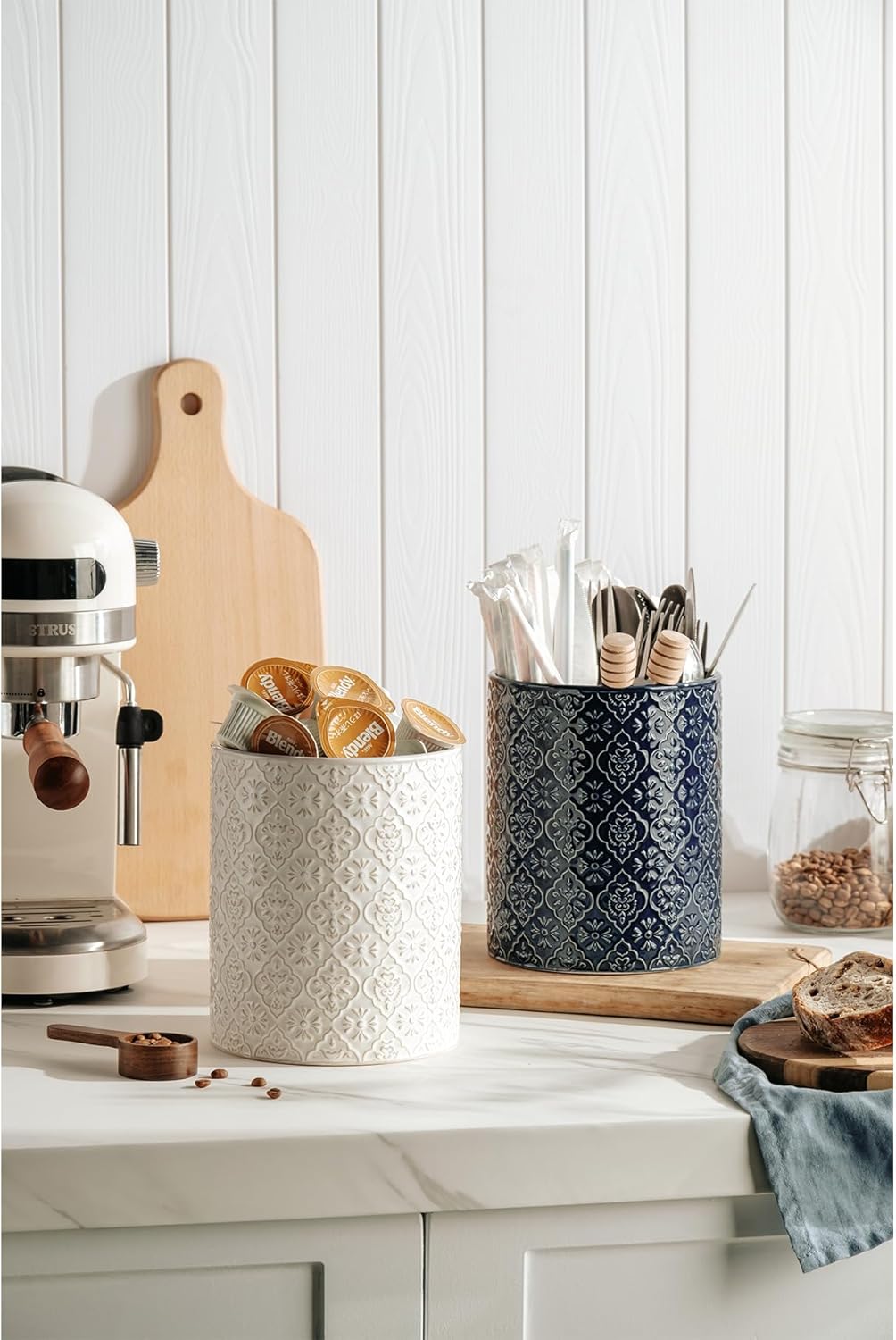 Kitchen Utensil Holder, 6x7 inch Large Ceramic Utensil Holder with Embossed Pattern, Cooking Utensil Crocks for Kitchen Countertop, Home Decor, Blue