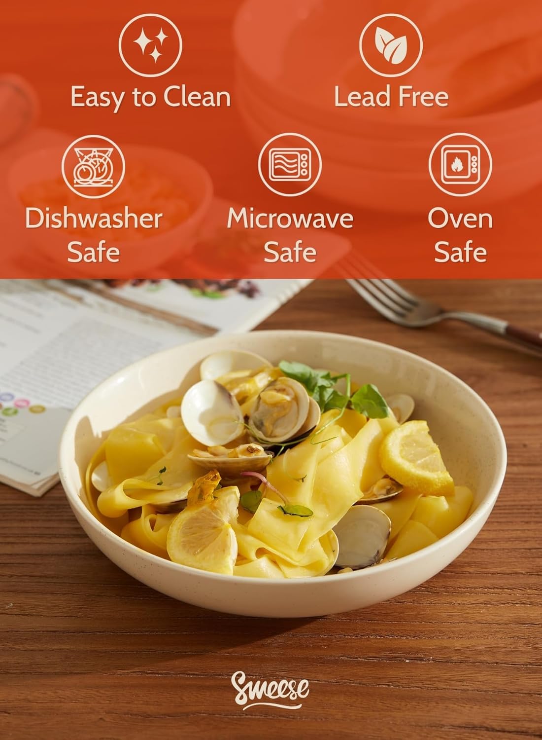 Sweese 22oz Porcelain Salad Serving Bowls Set, Microwave Dishwasher Safe, 7.6 Inch, Beige, 6-Pack