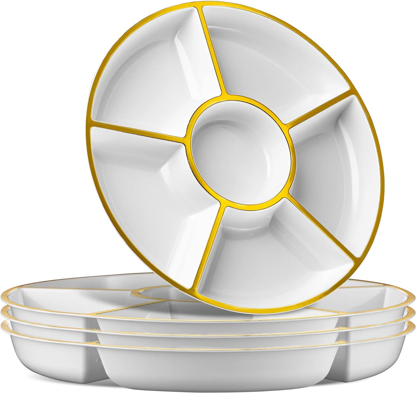 Plasticpro 6 Sectional Round Plastic Serving Tray/Platter (4, White & Gold)