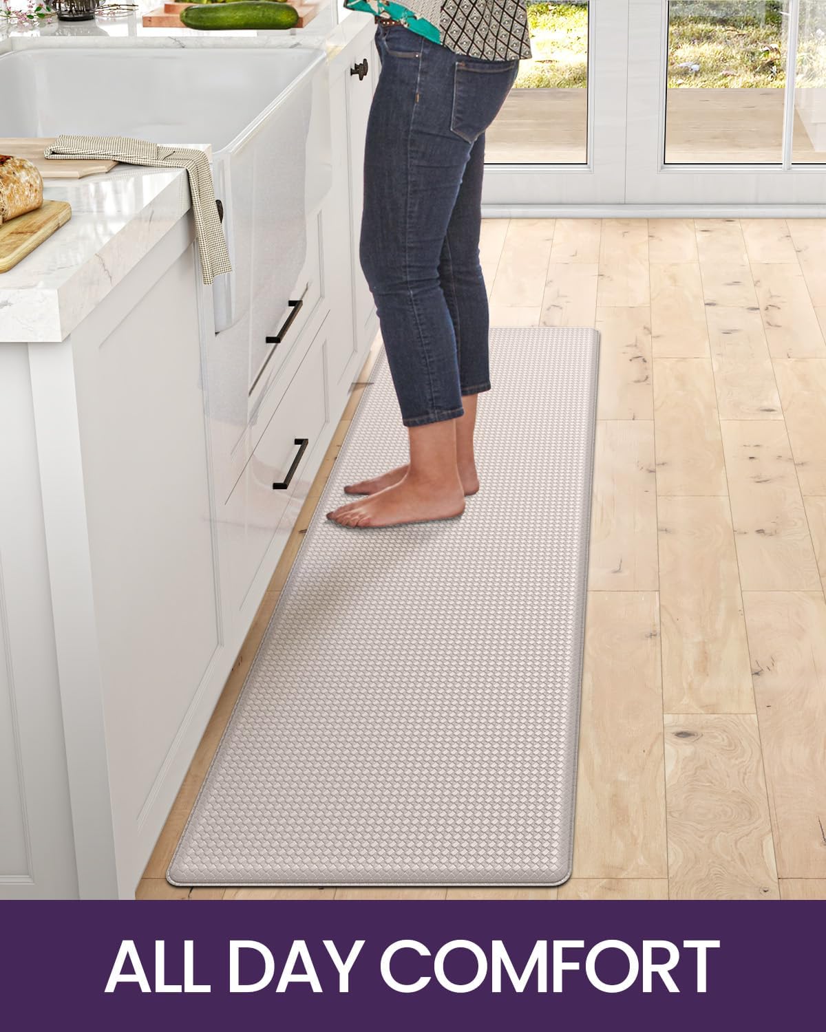 DEXI Kitchen Floor Mats Cushioned Anti Fatigue, 17x95, Large Long Standing Runner Rug Waterproof, Comfort Memory Foam Padded for Front Sink Laundry, Beige White