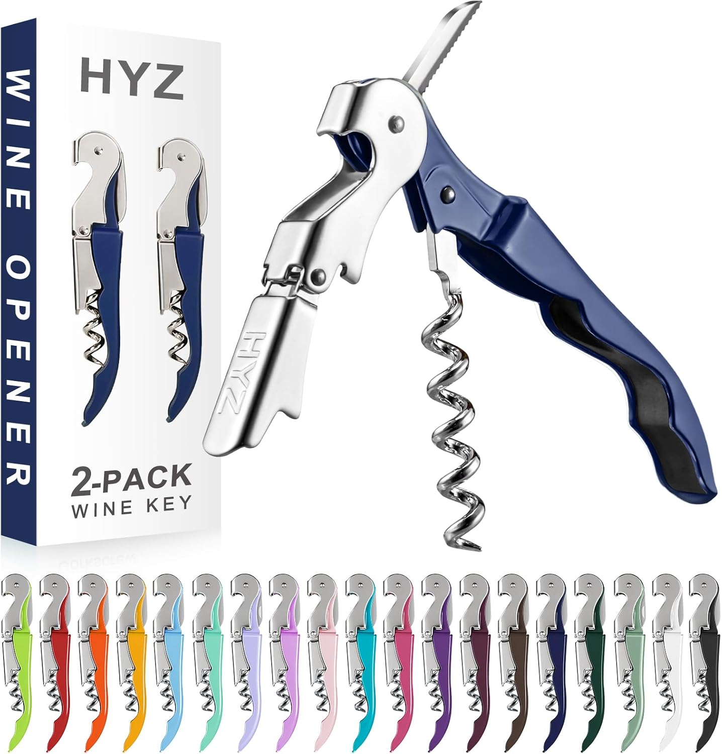 HYZ 2-Pack Wine Opener Waiter Corkscrew, Professional Wine Key for Servers, Bartender with Foil Cutter, Manual Wine Bottle Opener Double Hinged (Navy Blue)