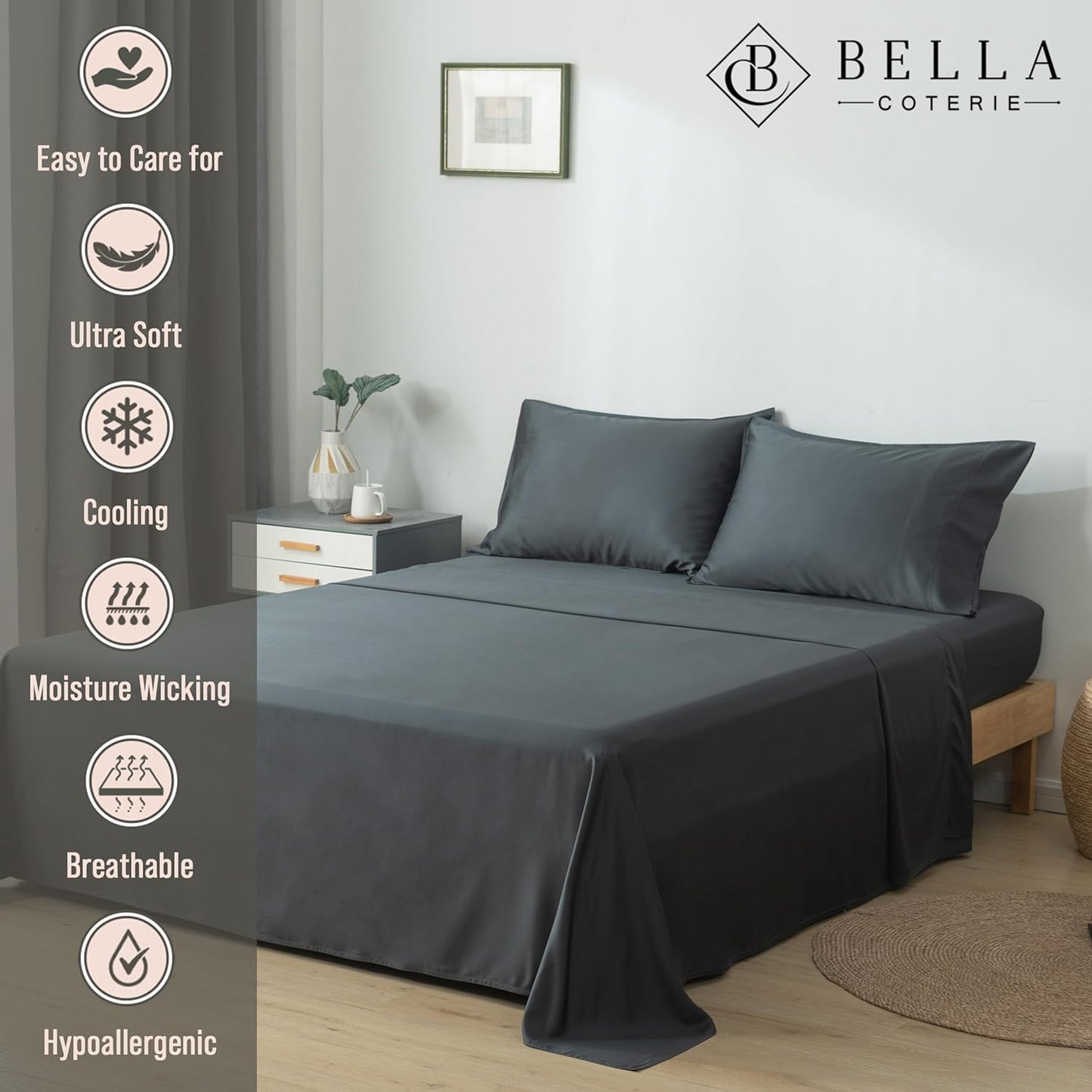 Bella Coterie Luxury Bamboo Viscose Split Top King Size Sheet Set | 100% Organically Grown | Ultra Soft | 34" Split | Cooling for Hot Sleepers | 18" Deep Pocket [Charcoal Grey]