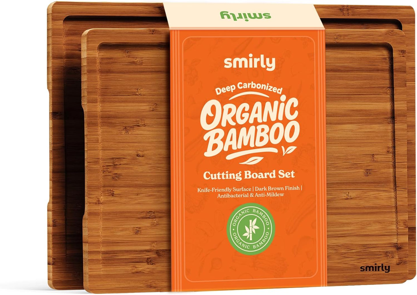 SMIRLY Bamboo Cutting Boards, Brown Bamboo Wood Cutting Board for Kitchen, Set of 2 Medium -Small & Deep Juice Groove, Butcher Block for Chopping Meat, Charcuterie Cheese Tray, Kitchen Gadgets