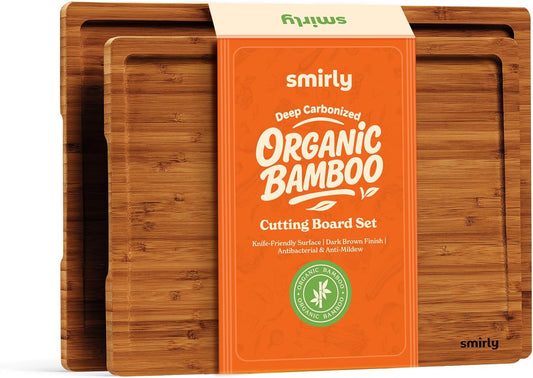 SMIRLY Bamboo Cutting Boards, Brown Bamboo Wood Cutting Board for Kitchen, Set of 2 Medium -Small & Deep Juice Groove, Butcher Block for Chopping Meat, Charcuterie Cheese Tray, Kitchen Gadgets