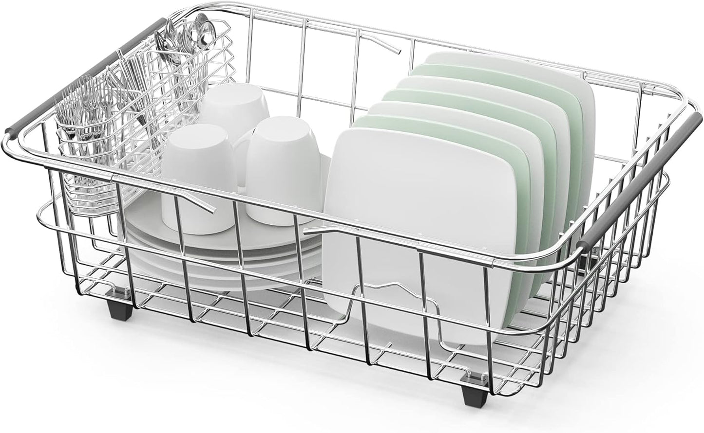 JAQ Dish Drainer in Sink Adjustable 14.96" to 20.59", Expandable 304 Stainless Steel Metal Dish Drying Rack Organizer with Stainless Steel Utensil Holder Over Inside Sink Counter