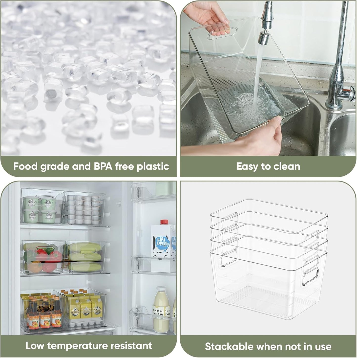 BALEINE Clear Plastic Storage Bins, Pantry Organization, BPA Free Stackable Refrigerator Organizers and Storage with Handles for Kitchen Fridge Cabinet Bathroom (8PK, 9.5x5.5x4.5)