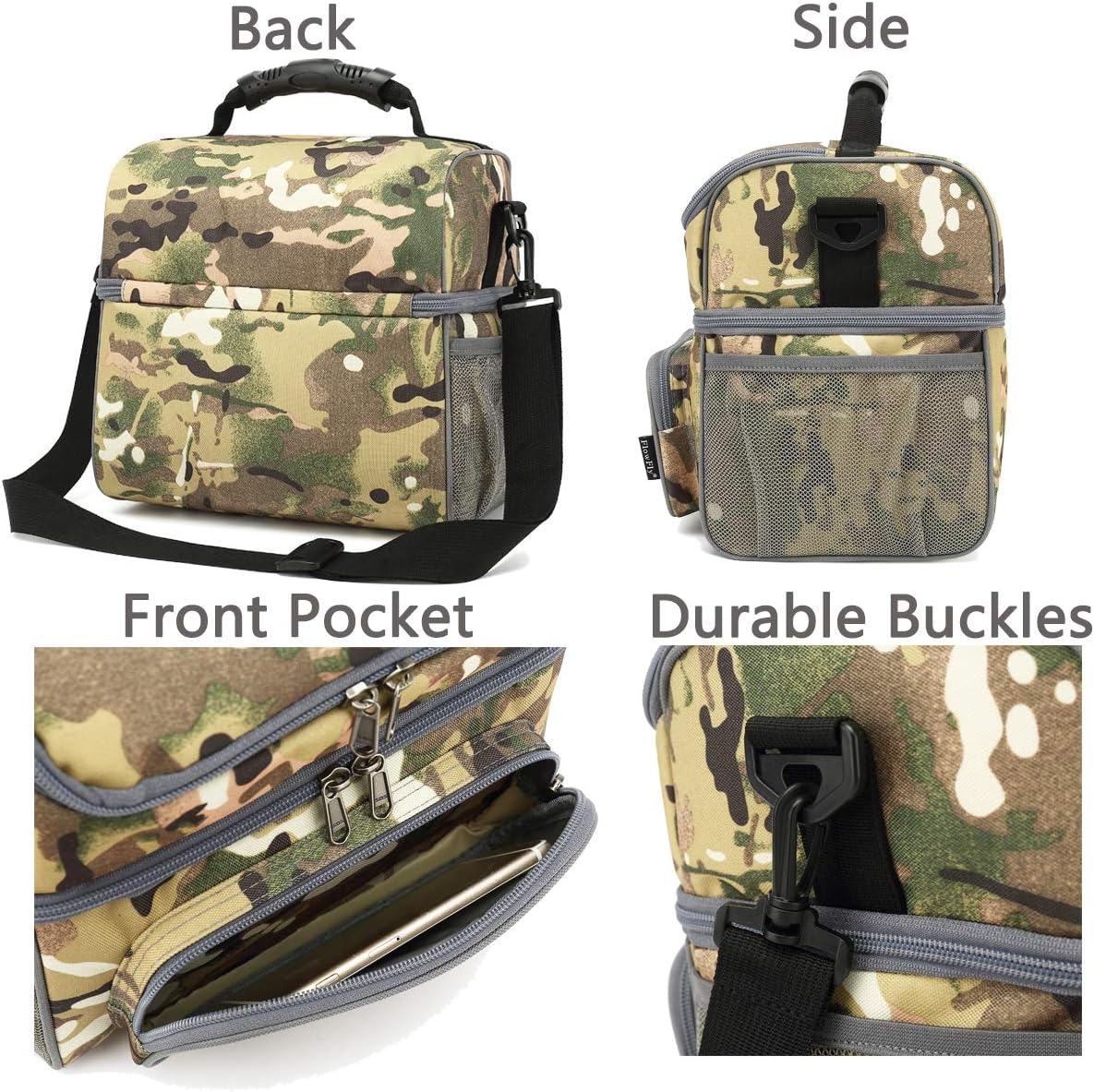 FlowFly Double Layer Cooler Insulated Lunch Bag Adult Lunch Box Large Tote Bag for Men, Women, With Adjustable Strap,Front Pocket and Dual Large Mesh Side Pockets