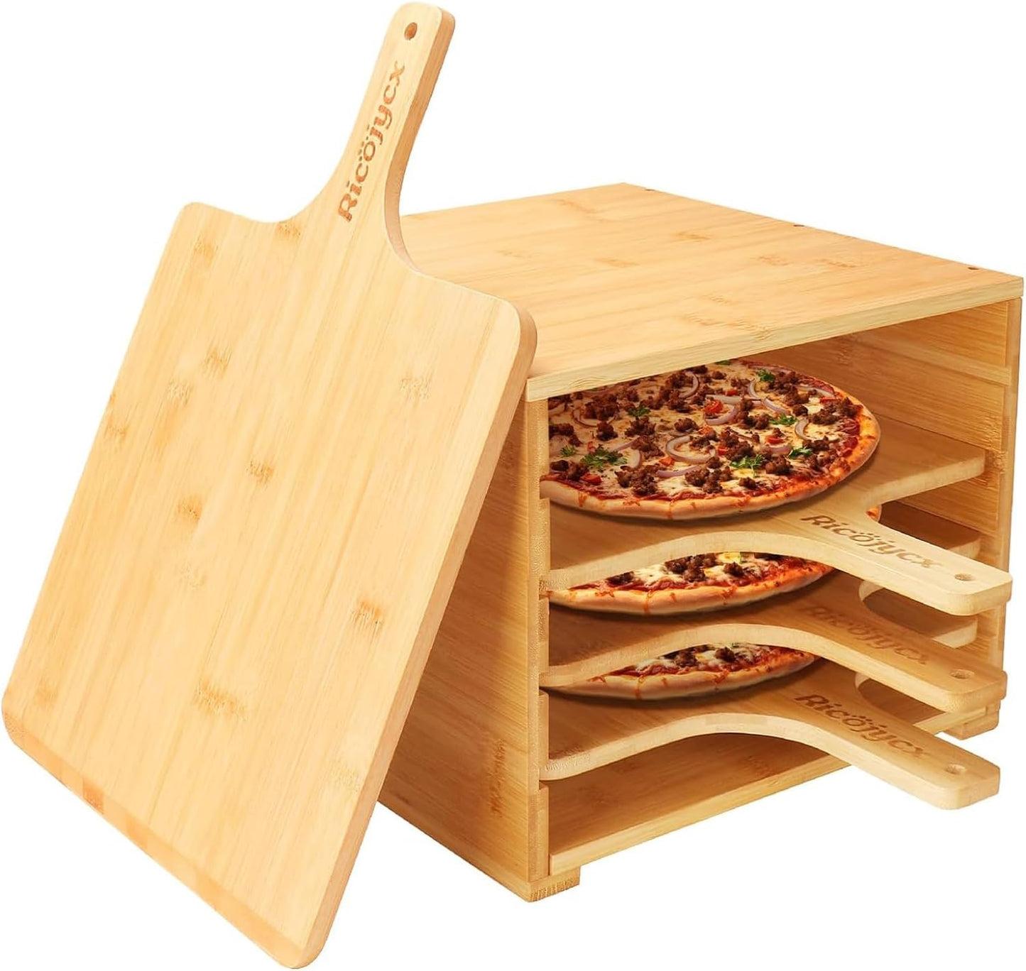 Multilayer Bamboo Pizza Peel Rack, Contain 4 x 12 Inch Non-Stick Bamboo Pizza Boards, Pizza Paddle Stand for Easy Storage and Baking Multiple Pizzas and Bread