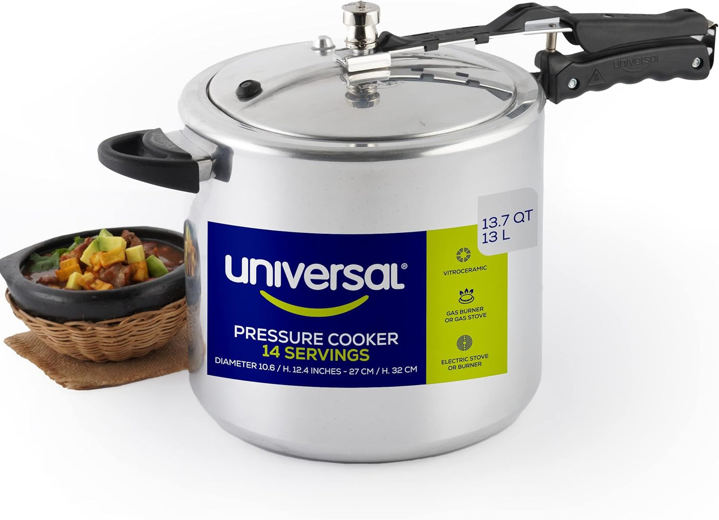 Universal (13.7 Quart / 13 Liter) Pressure Cooker, 14 Servings, Aluminum Pressure Cooker With Multiple Safety Systems and Heat Resistant Handles For Stews, Soup, Meat, and Beans