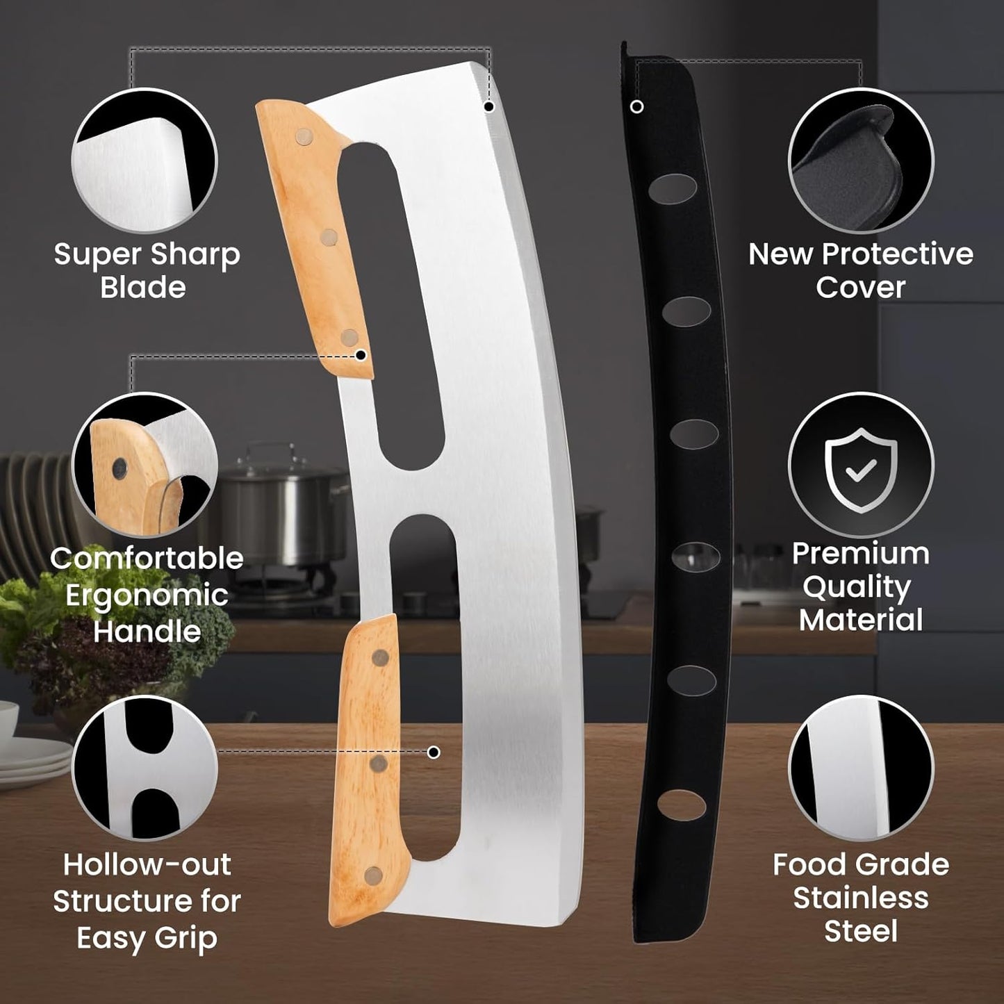 SCHVUBENR 14'' Pizza Cutter Rocker with Wooden Handles - Sharp Stainless Steel Pizza Slicer with Comfort Cover - Large Pizza Knife Cutter Wheel - Easy to Use & Clean - Slice Pizza with Ease
