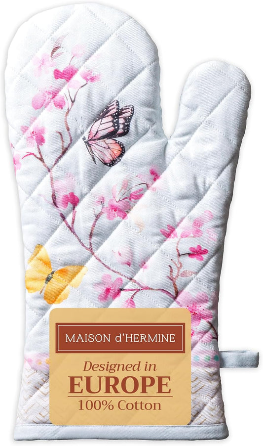 Maison d' Hermine Oven Gloves 100% Cotton Oven Mitt 7" x 13" with Loop Heat Resistant, BBQ, Cooking Gloves, Baking, Grilling, Kitchen, Handling Hot Pans Spring/Summer (Pack of 1, Blossoms in Spring)