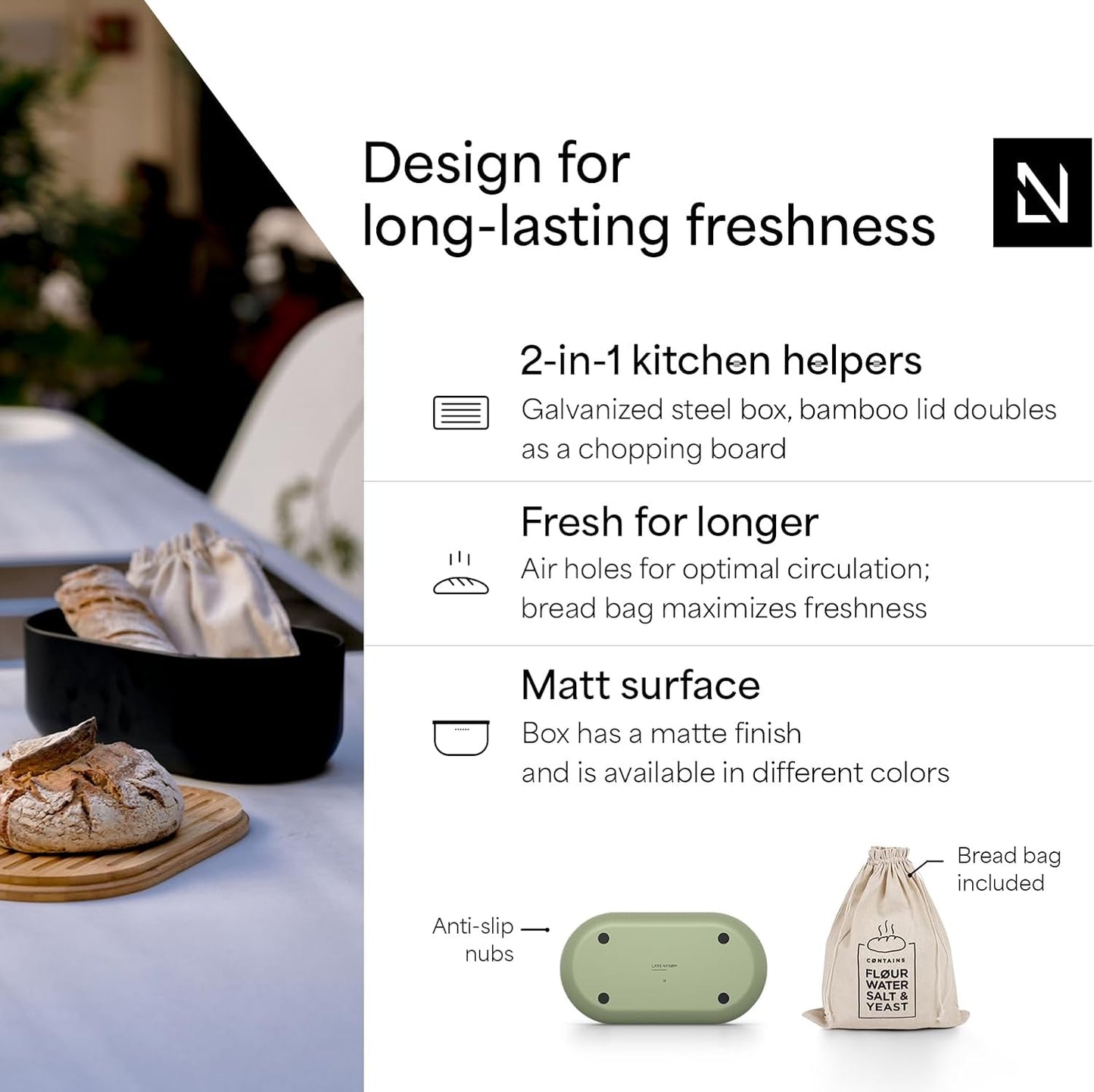 LARS NYSØM Bread Box I Metal Box with linen bag for long lasting freshness I Bread Bin with bamboo lid usable as cutting board I 14.2x7.5x5.1 In (Sage Green)