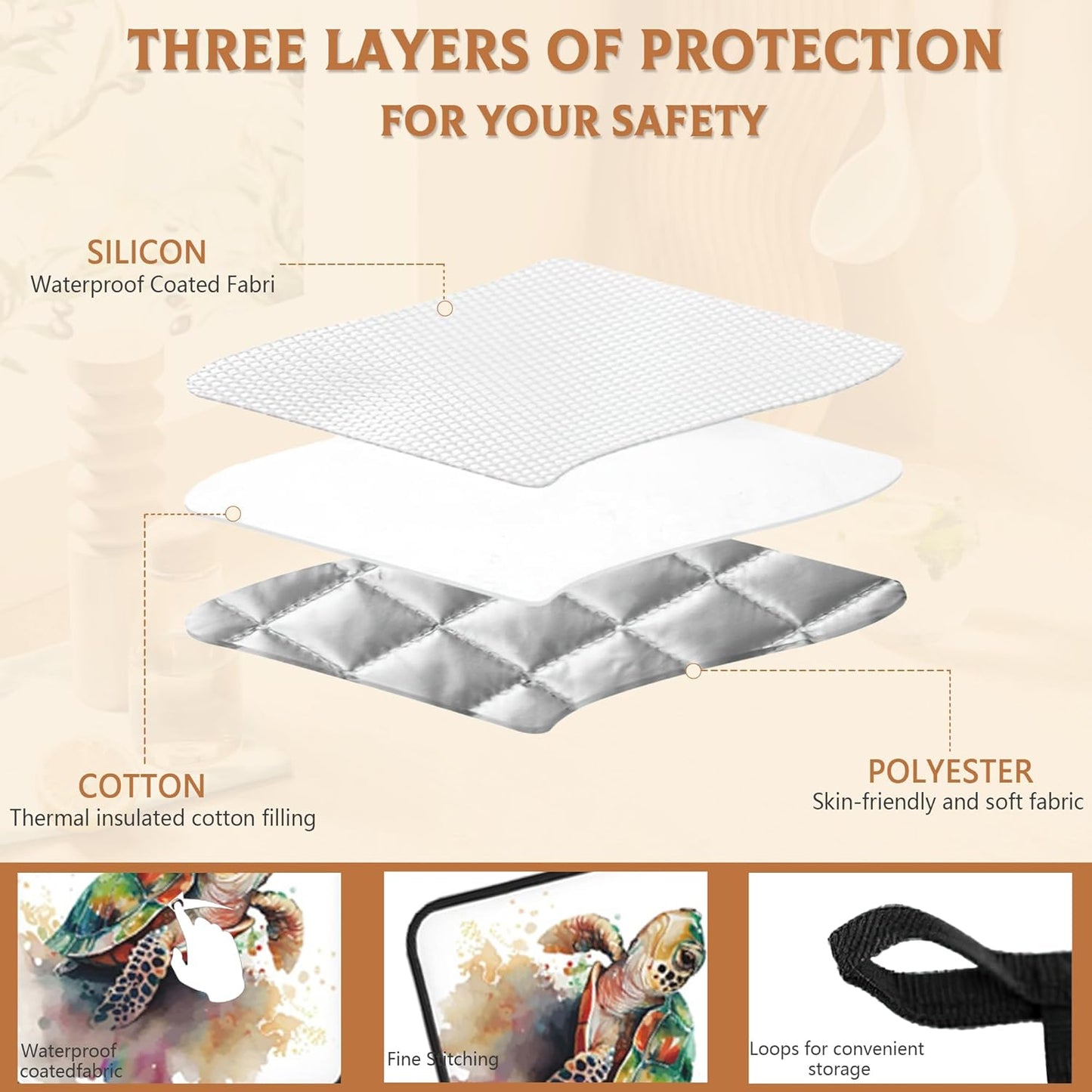 2PCS Turtle Watercolour Pot Holder with Loop,Heat Resistant Oven Pads,Hot Pat for Kitchen Cooking Baking Food