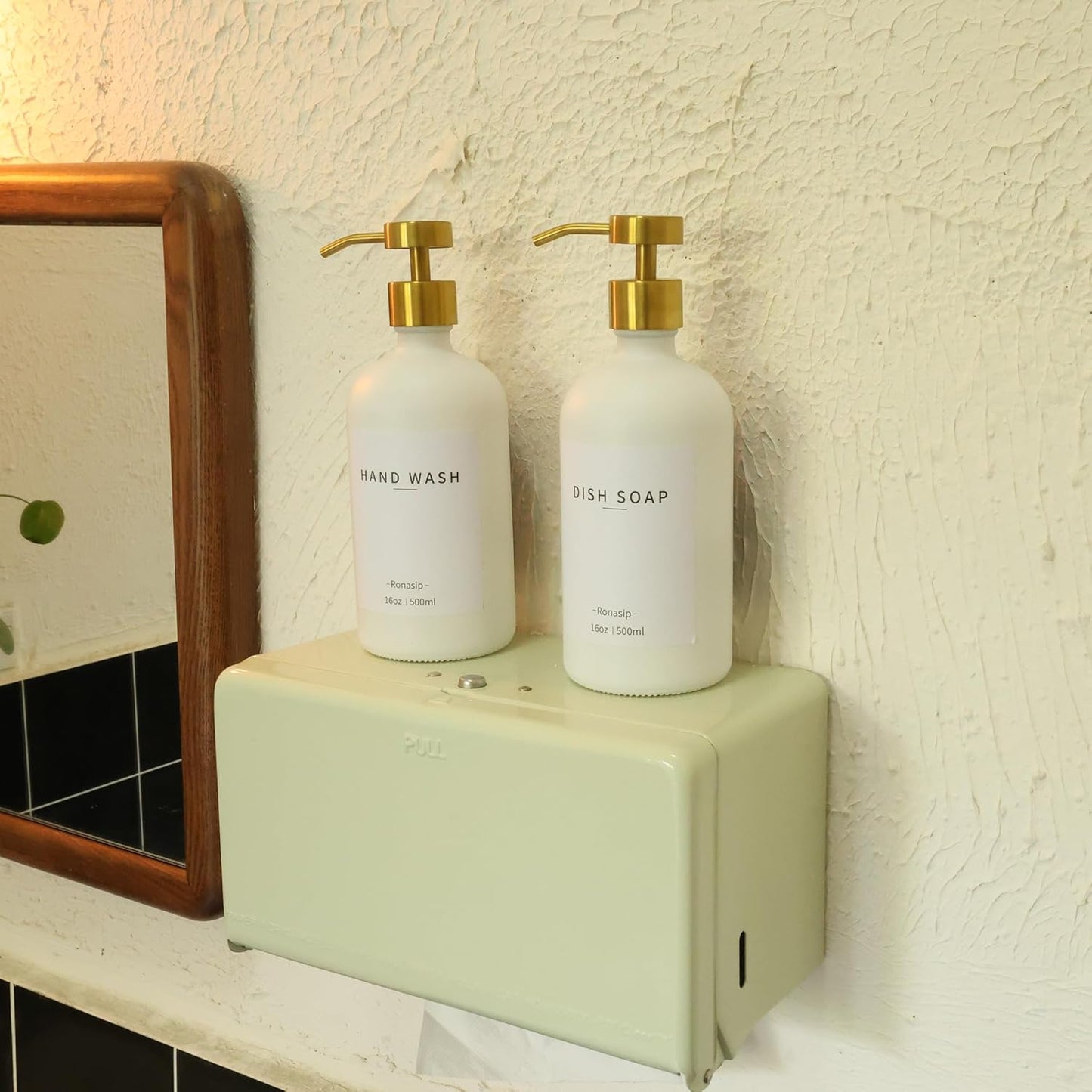 Set of 5 Kitchen Soap Dispenser Set 16 Oz Glass Hand Dish Soap Dispenser with Stainless Steel Pump, Cement Tray, Dish Scrub Brush for Farmhouse Rustic Home Bathroom Decor (White)