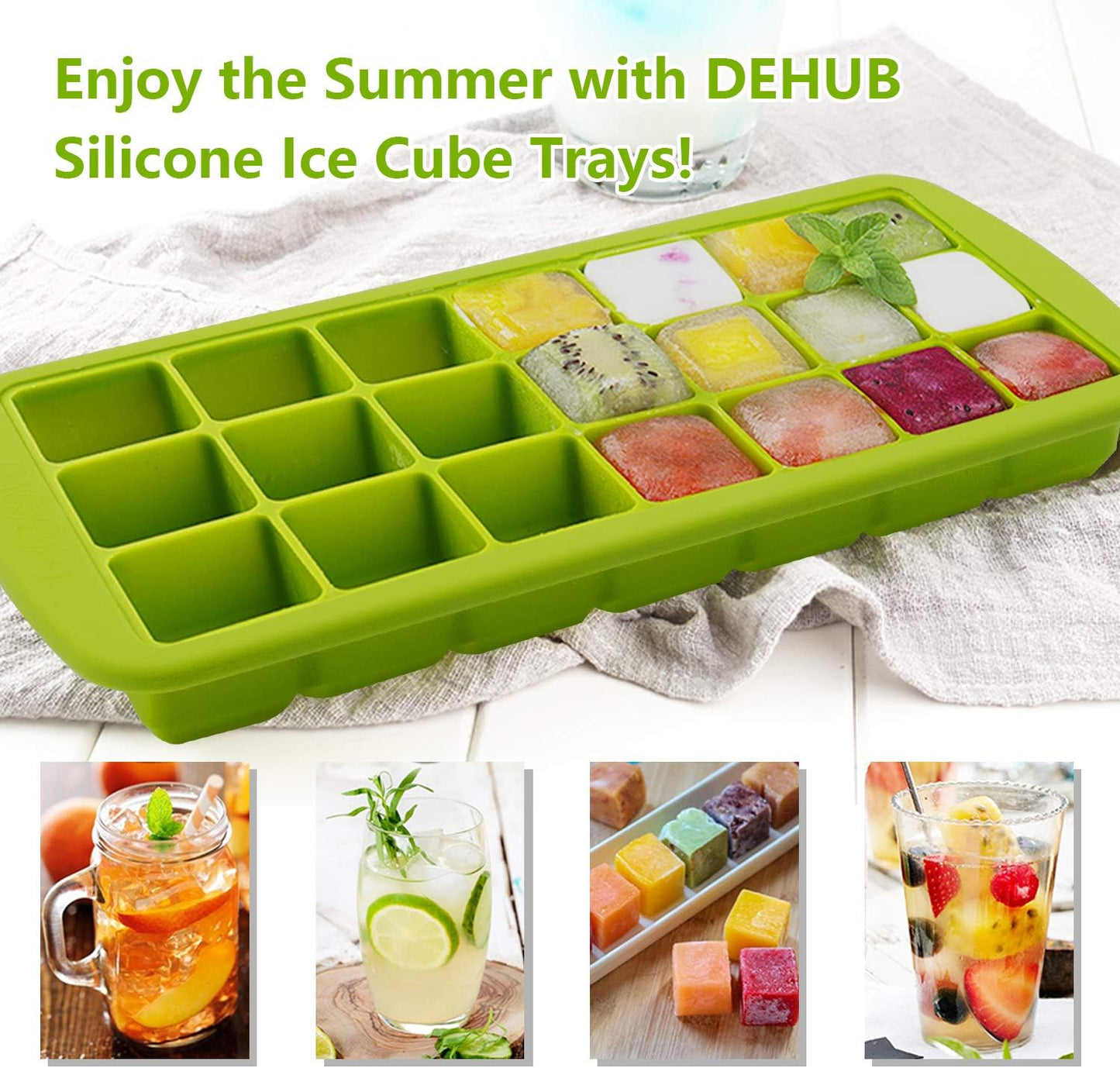 Ice Cube Trays 2 Pack, CREATESTAR Easy-Release Silicone & Flexible 21-Ice Trays with Removable Lid Food Grade Ice Tray for Whiskey, Cocktail, Spirits Drinks, Ice Cube Molds BPA Free (Green, 2Pack)