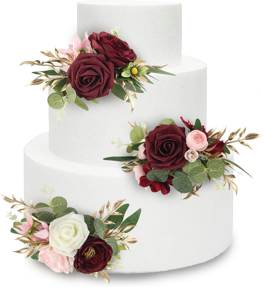 Rinlong Pre-made 3Pcs Cake Toppers Burgundy Flowers Cake Decorations Wedding Cake Decorating Flowers Decor Birthday Baby Shower Party Christening Christmas Cake Toppers