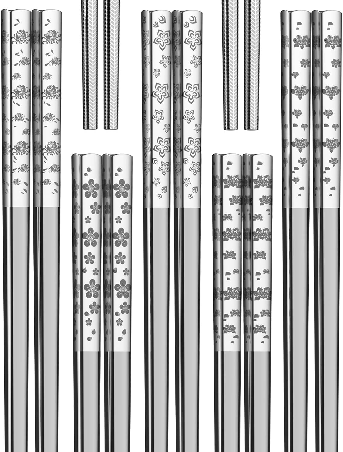 Metal Chopsticks Reusable 18/8 stainless steel Chopsticks 5 Pairs Classic Floral Dishwasher Safe Lightweight Non-Slip Chop Sticks 9 1/4 Inches Present Set