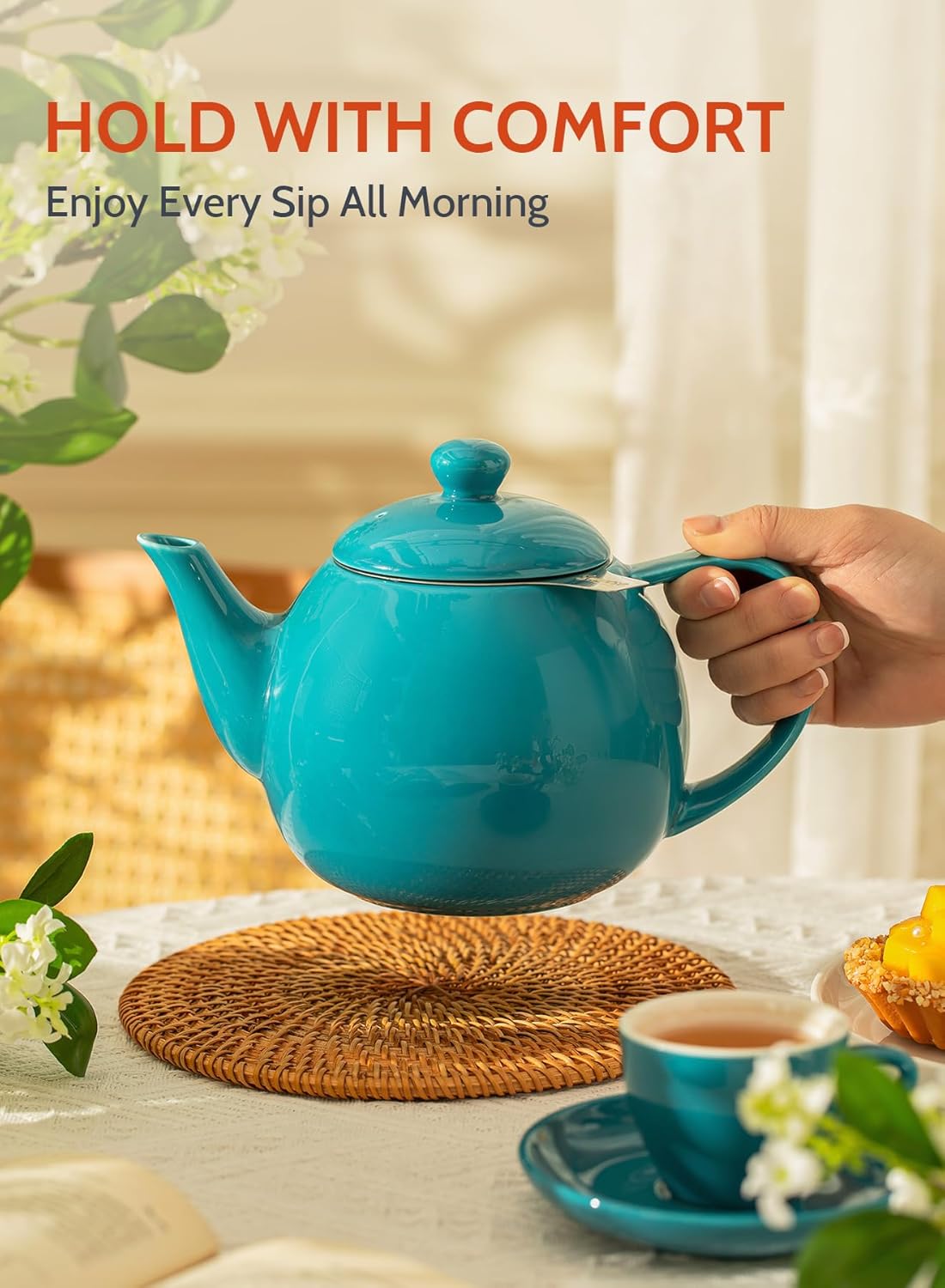 Sweese Teapot, Porcelain Tea Pot with Stainless Steel Infuser, Blooming & Loose Leaf Teapot - 27ounce, Steel Blue