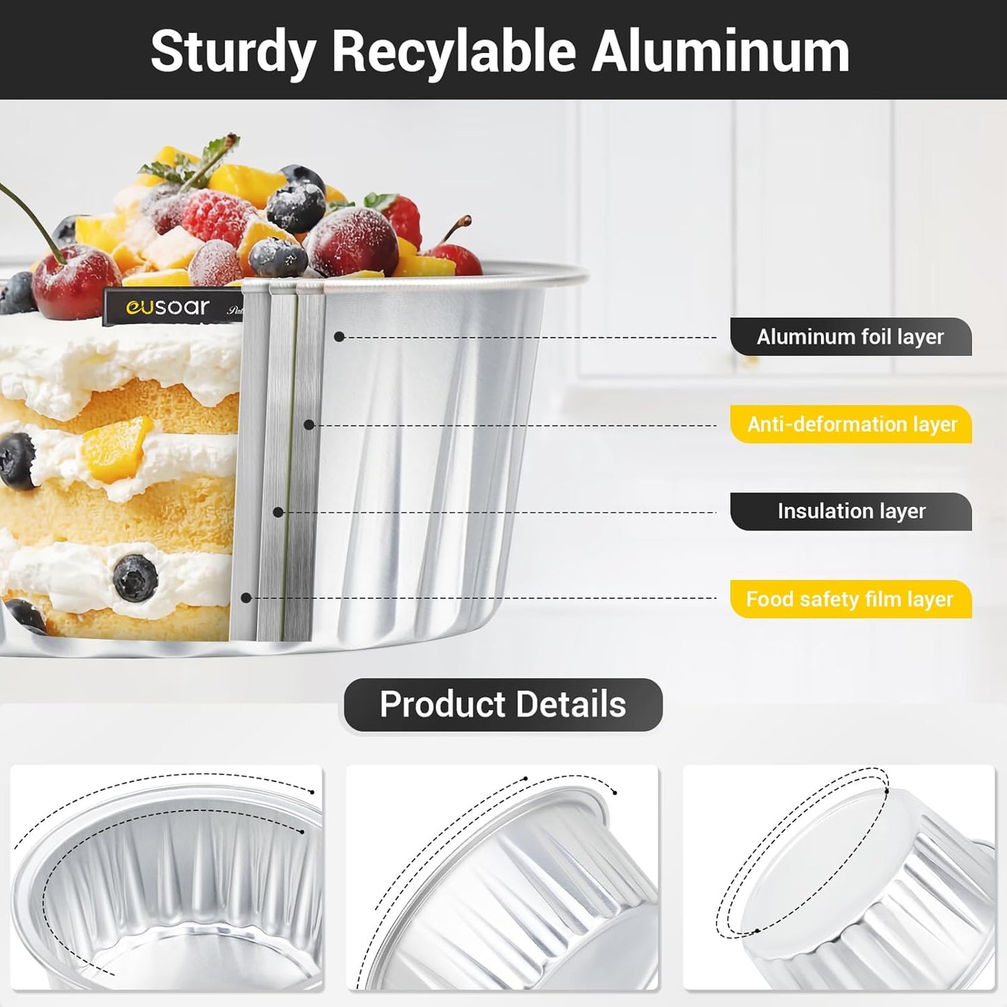 EUSOAR Disposable Creme Brulee Ramekins, Silver 60Packs 5oz Baking Cups with Lids Mini Muffin Liners, Dessert Cheesecake Pan Creme Brulee Cupcake Containers for Catering Gathering Club Wedding Party