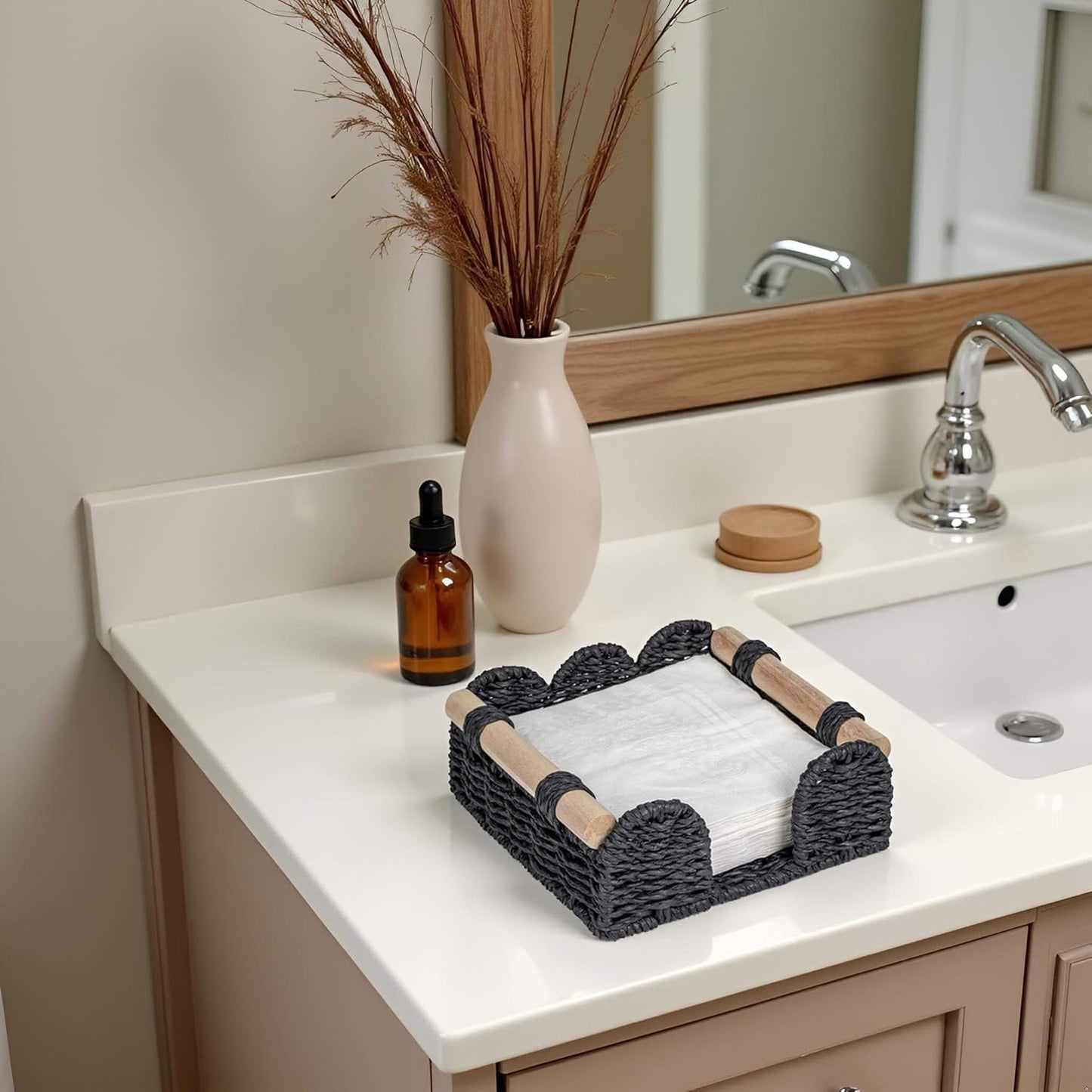 CubesLand Scalloped Napkin Holder for Table, Farmhouse Warming Home Kitchen Decor, Paper Rope Flat Napkin Dispenser Guest Towel Tray for Bathroom, Disposable Napkin Basket for Dining Table, Black