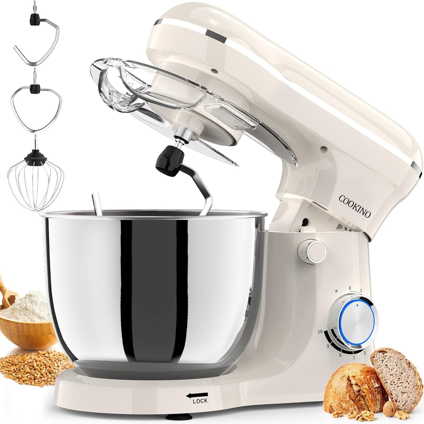 Electric Stand Mixer,10 Speeds Tilt-Head Food Mixer, 3-IN-1 Kitchen Mixer for Daily Cooks with Dishwasher-Safe 6QT Bowl,Dough Hook, Beater, Whisk (Almond Cream)