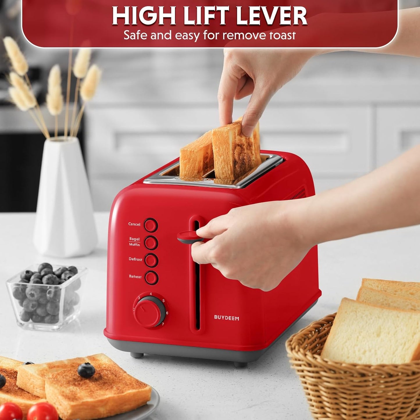 BUYDEEM DT620 2-Slice Toaster, Extra Wide Slots, Retro Stainless Steel with High Lift Lever, Bagel and Muffin Function, Removal Crumb Tray, 7-Shade Settings,Red
