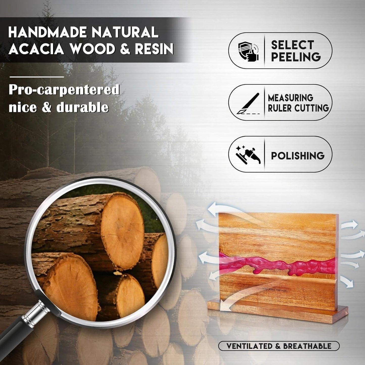 MEN WITH THE POT 13 x 10 Inches Magnetic Knife Block, Double Sided Powerful Wood & Red Flow Pattern Magnetic Kitchen Knife Holder Stand, Knife Storage Organizer for Kitchen Counter (Without Knives)