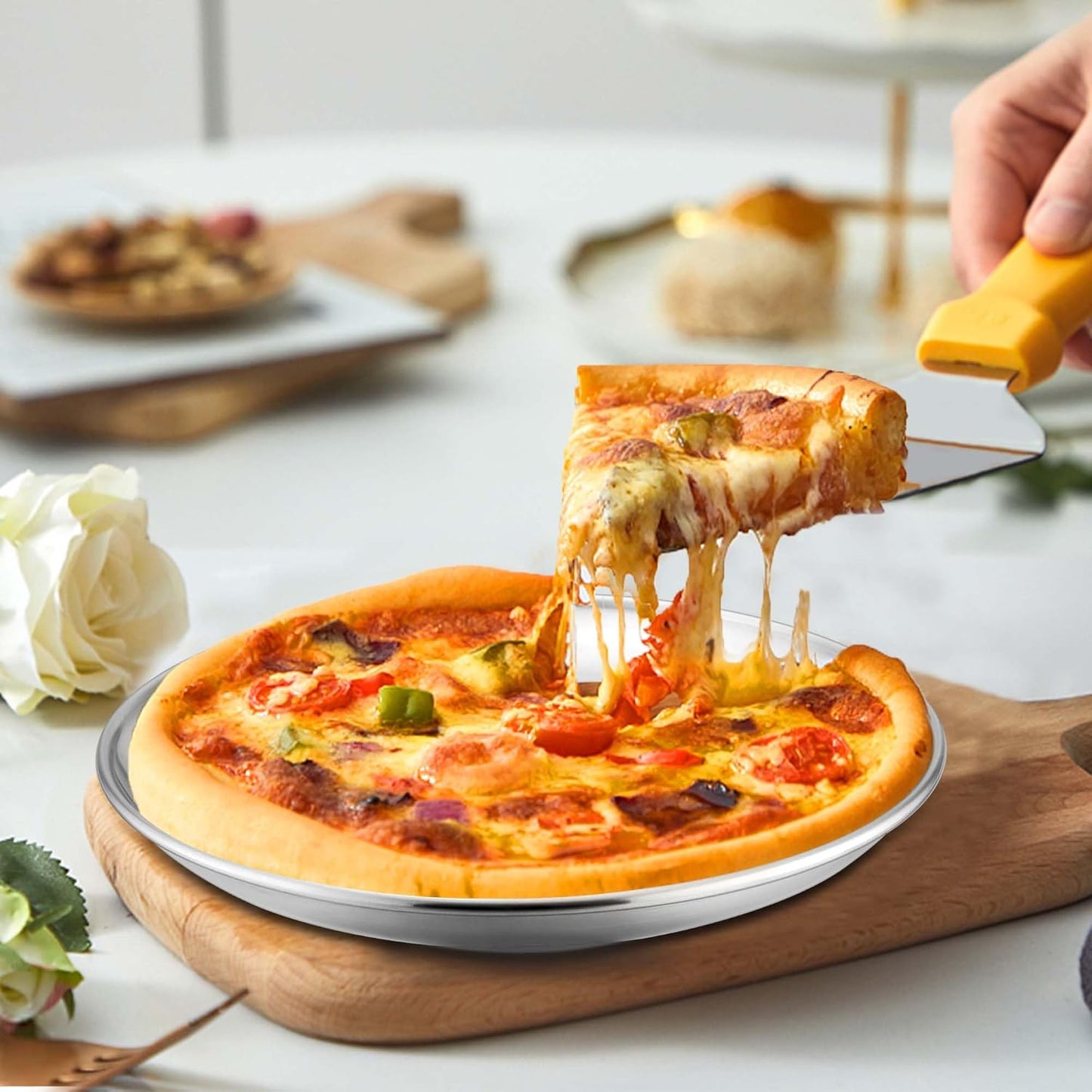 TeamFar 9 Inch Pizza Pan Set of 4, Stainless Steel Small Pizza Pie Trays, Metal Round Pizza Dish Plates for Oven Bakeware Baking Cooking Serving, Non-Toxic & Heavy Duty, Stackable & Dishwasher Safe