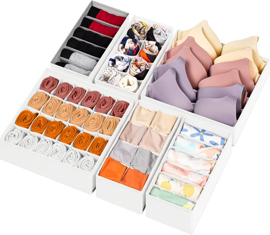 6 Pack Sock Underwear Drawer Organizer Dividers, 58 Cell Foldable Fabric Dresser Closet Organizers and Storage Bins for Clothing, Baby Clothes, Bra, Panty, Scarf, Ties (White)