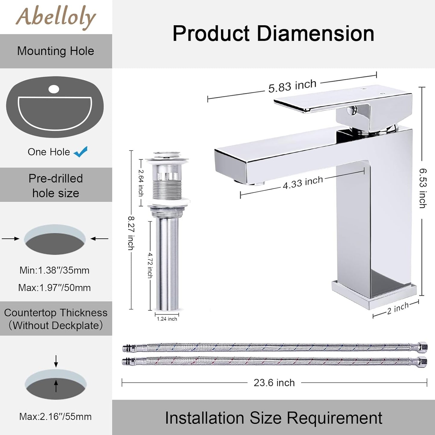 Solid Brass Chrome Bathroom Faucet, Bathroom Sink Faucet for 1 Hole,CEC & cUPC Certified Lead-Free Single Handle Vanity Faucet with Two Flexible Hoses(Hot and Cold) & Pop Up Drain Stopper